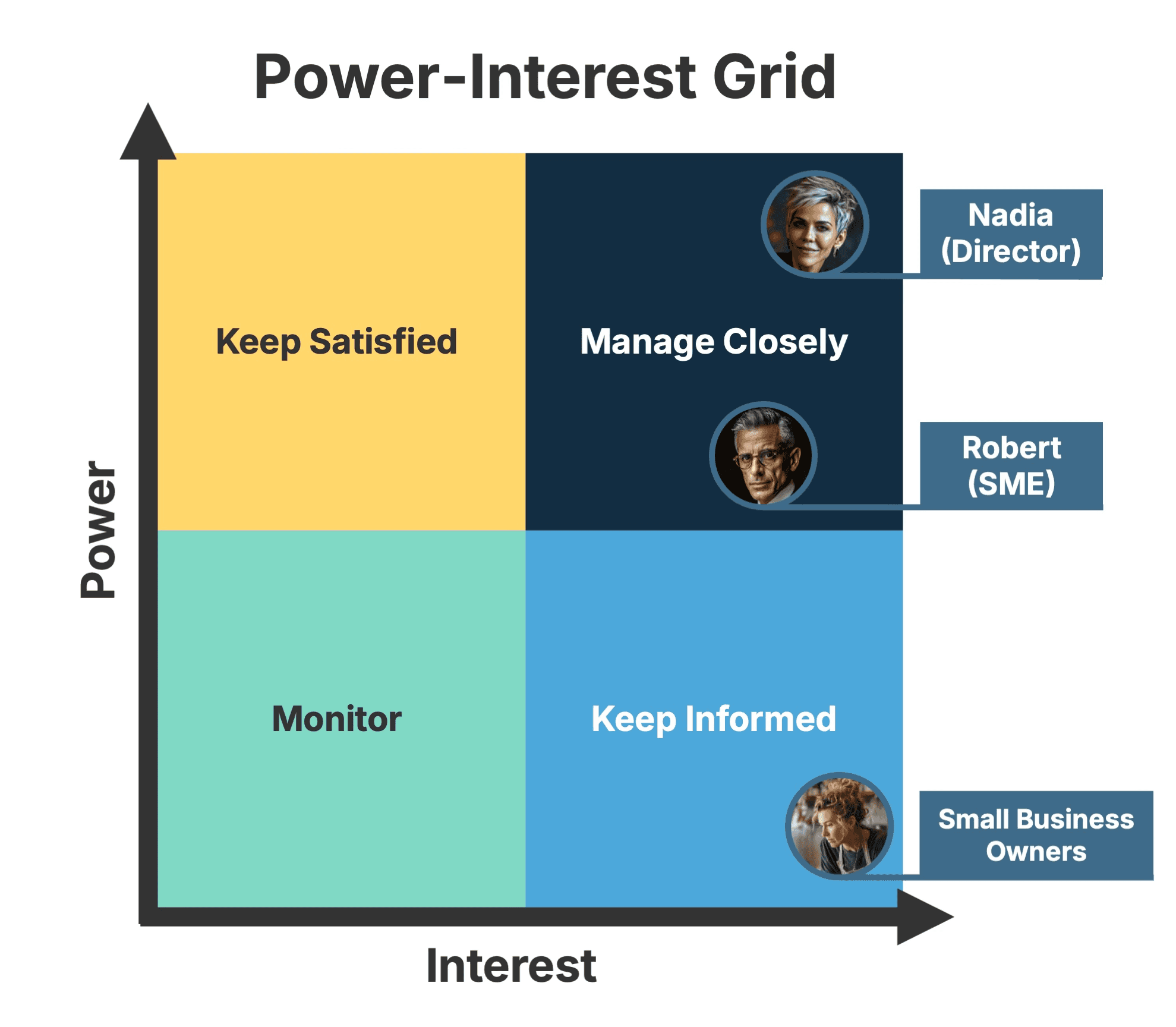 A Power-Interest Grid used for stakeholder management, showing the project sponsor and SME in the 'Manage Closely' quadrant. This visual tool helps assess project risk and inform a needs analysis.