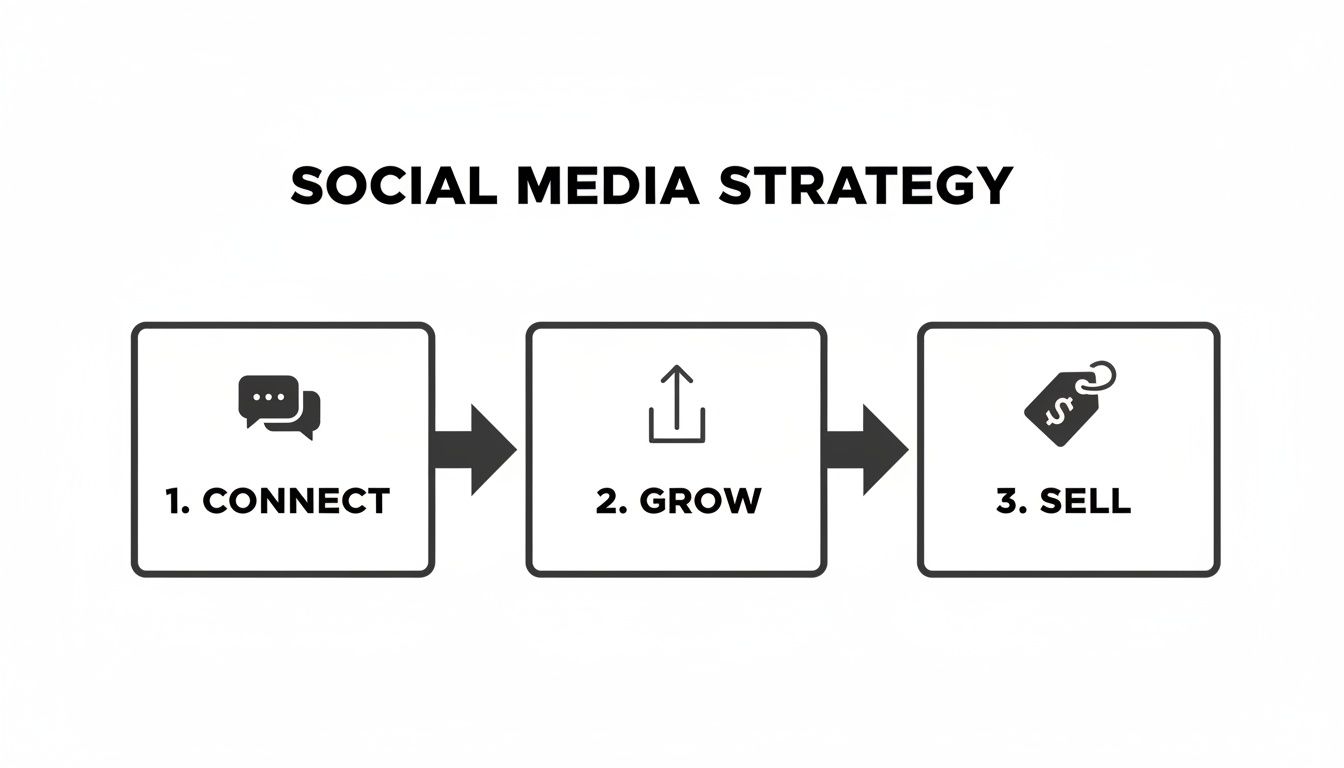 A three-step social media strategy diagram showing connect, grow, and sell with icons.