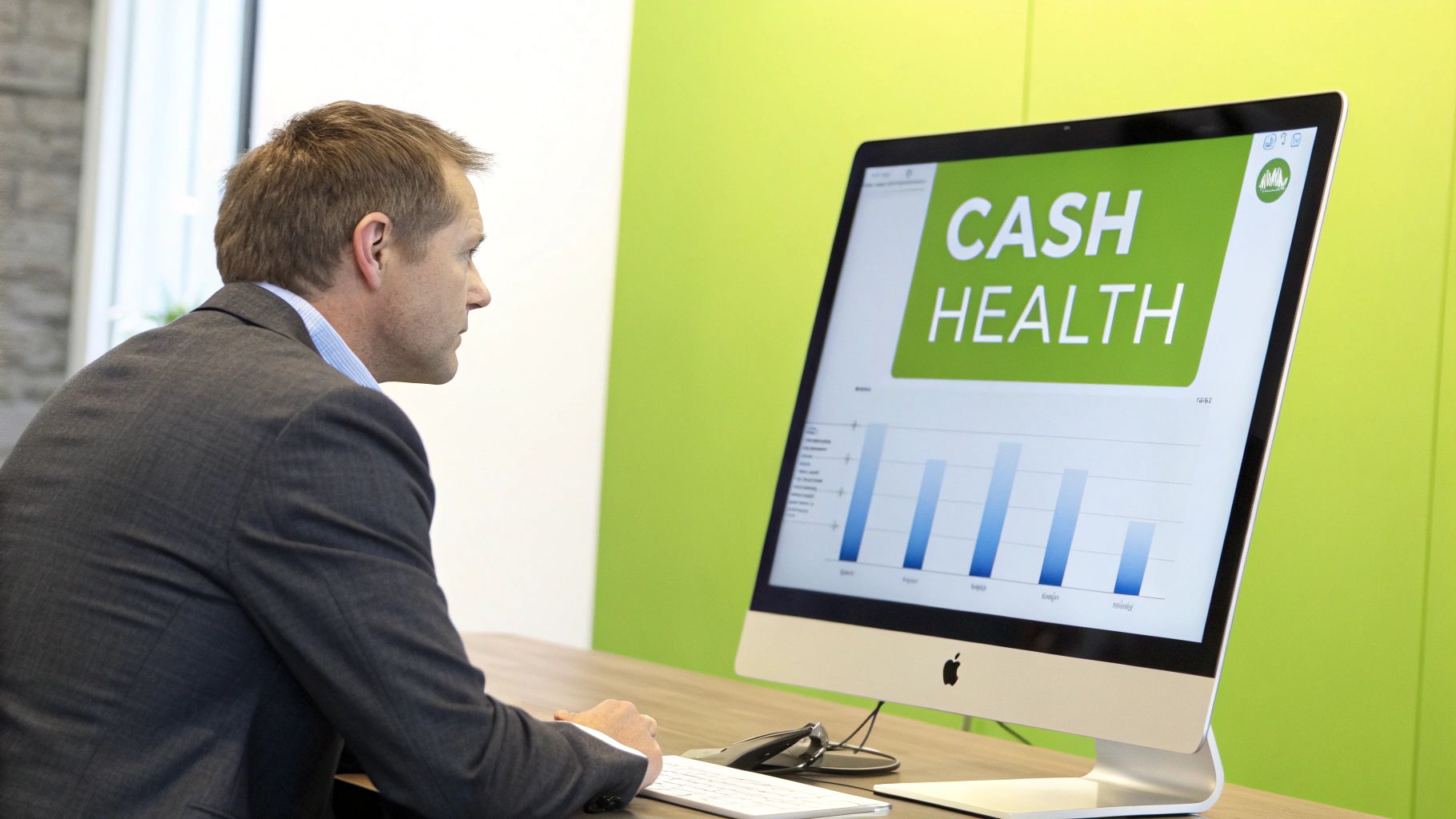 A professional man in a suit looks at a 'Cash Health' financial dashboard on an Apple iMac computer.