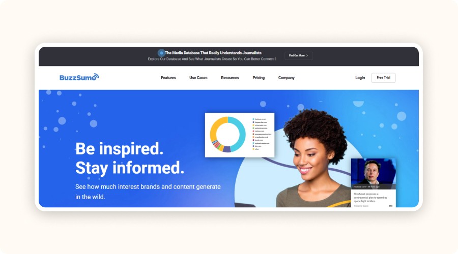BuzzSumo homepage showing top shared and engaging content on the web.