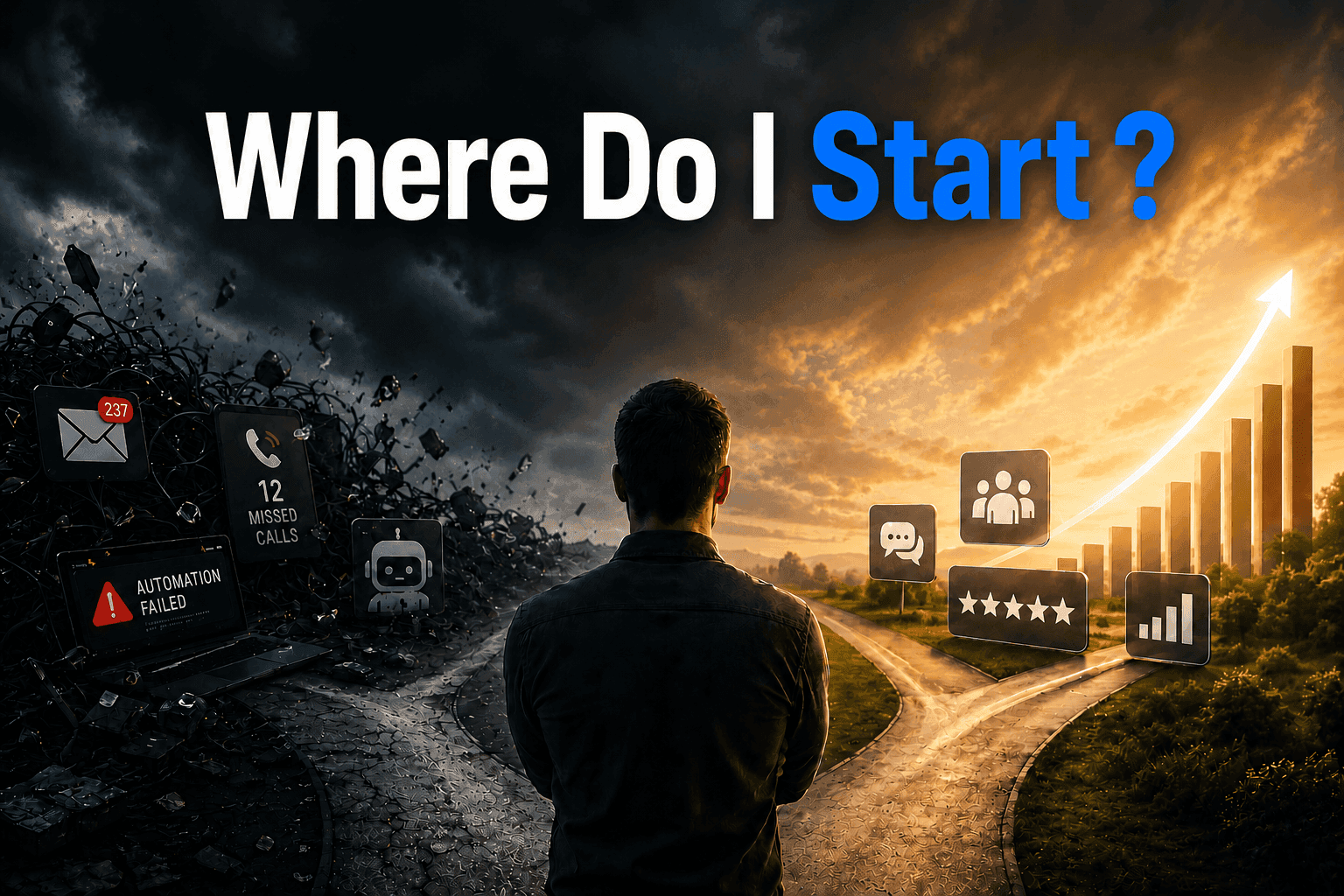 Business owner standing between technology chaos and business growth illustrating why technology alone will not grow a business