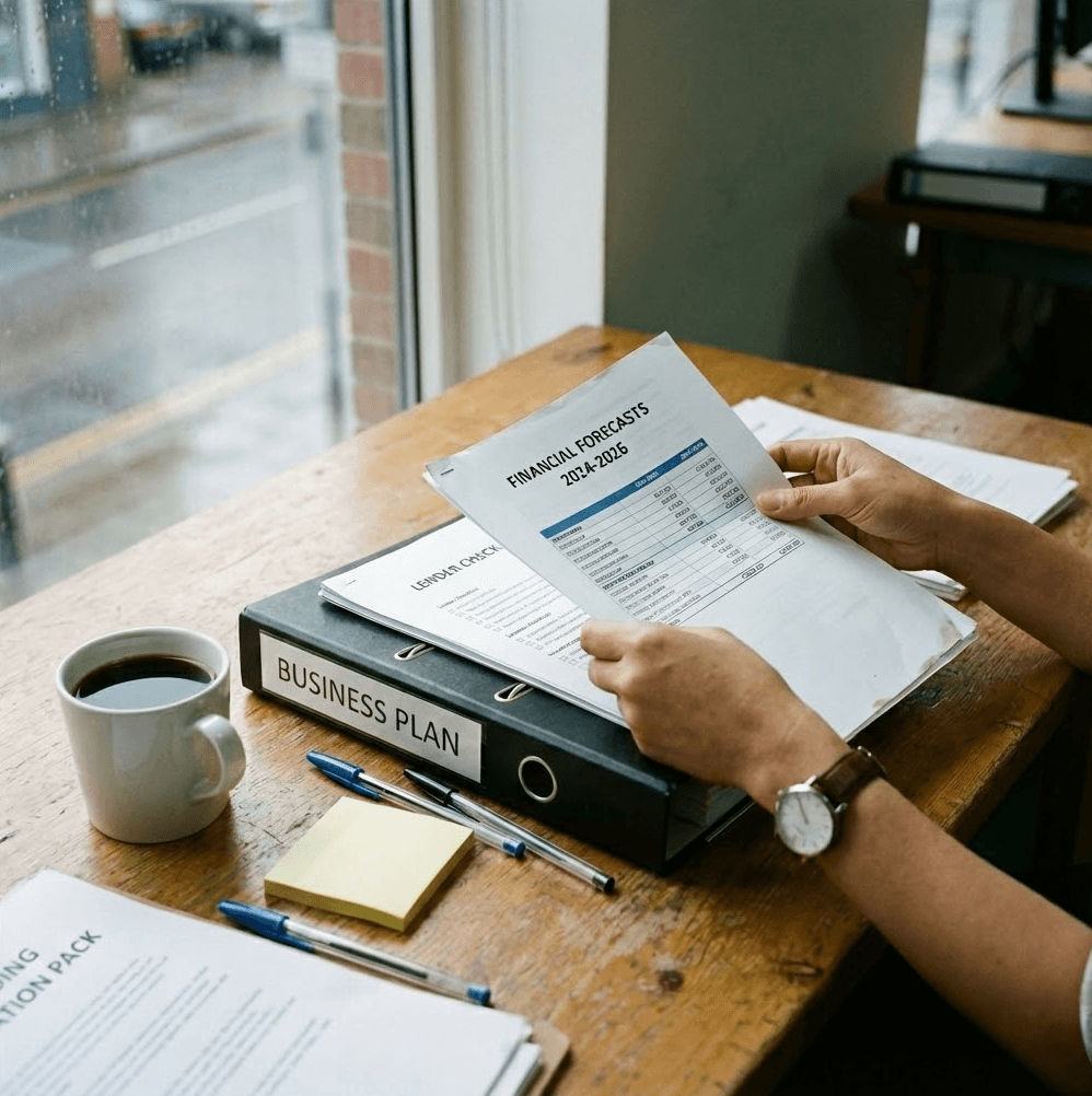 A professional woman with short dark hair wearing a beige blouse stands in a busy office.