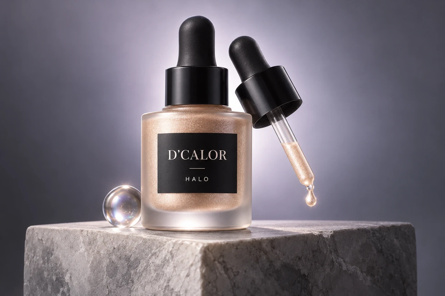 HALO champagne liquid highlighter in a frosted glass bottle with a black dropper