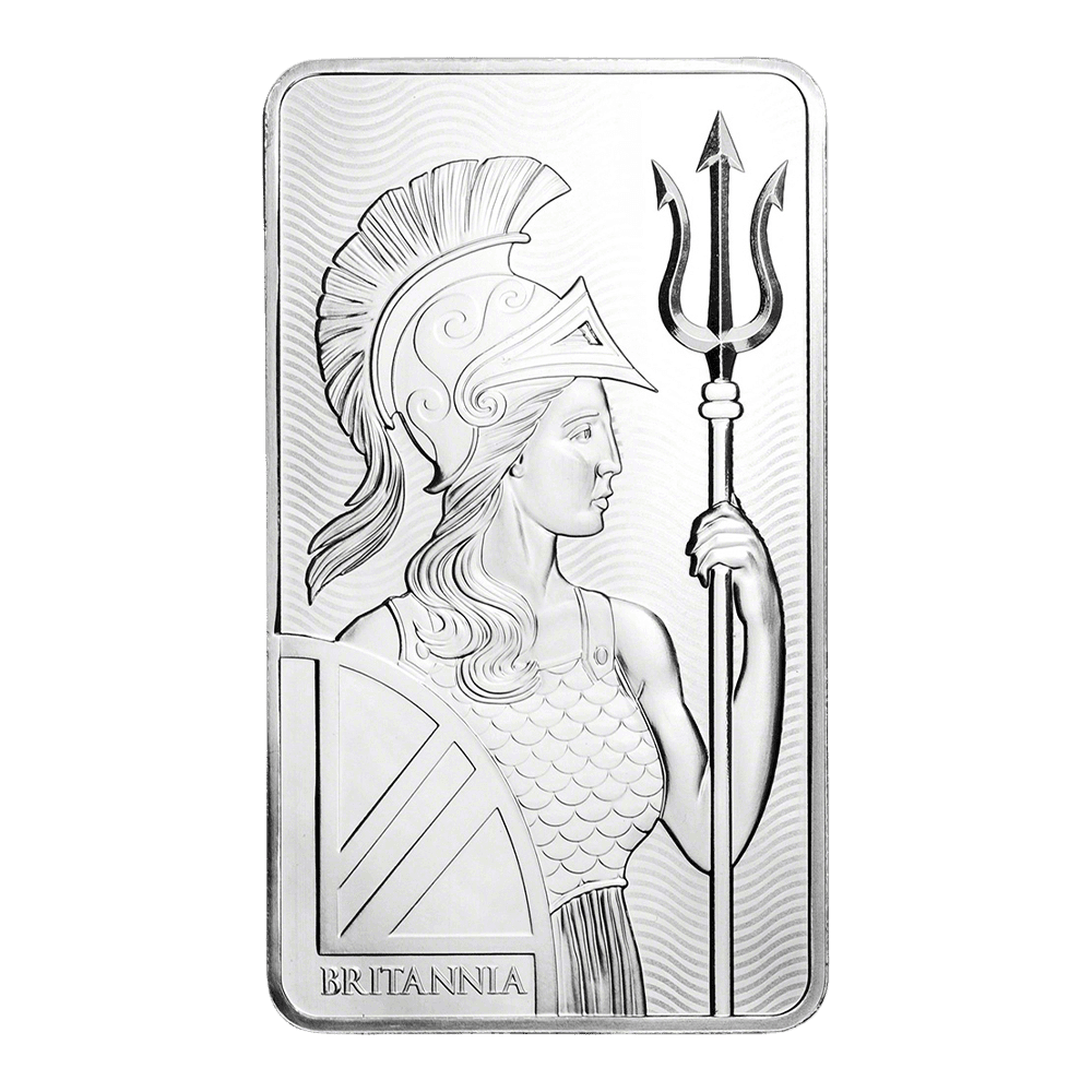Reverse side of a 10 oz Silver Britannia Bar featuring the iconic Britannia helmet and trident design.