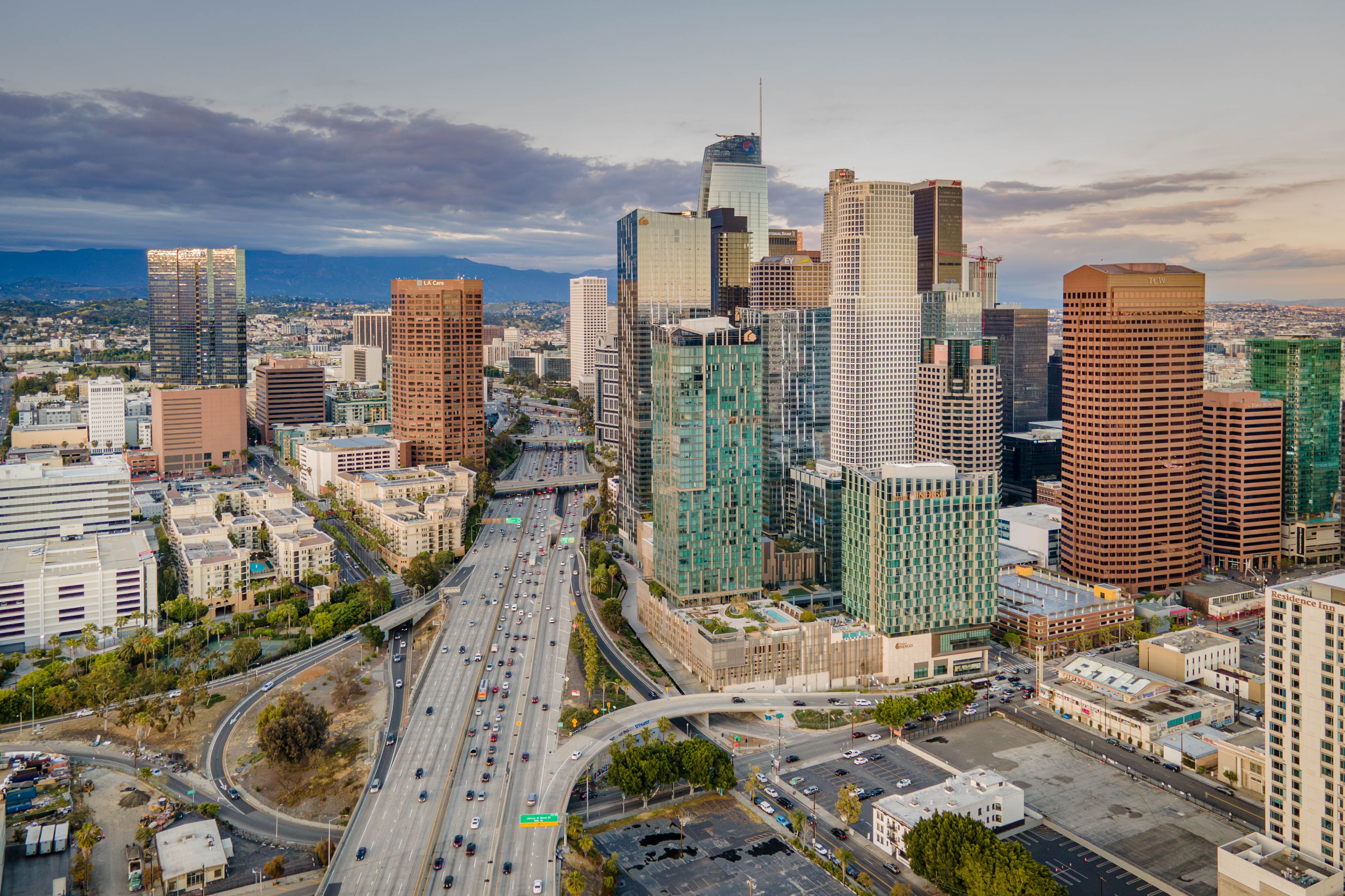 Los Angeles skyline and high-rise corridor illustrating urban core under Los Angeles adaptive reuse ordinance.