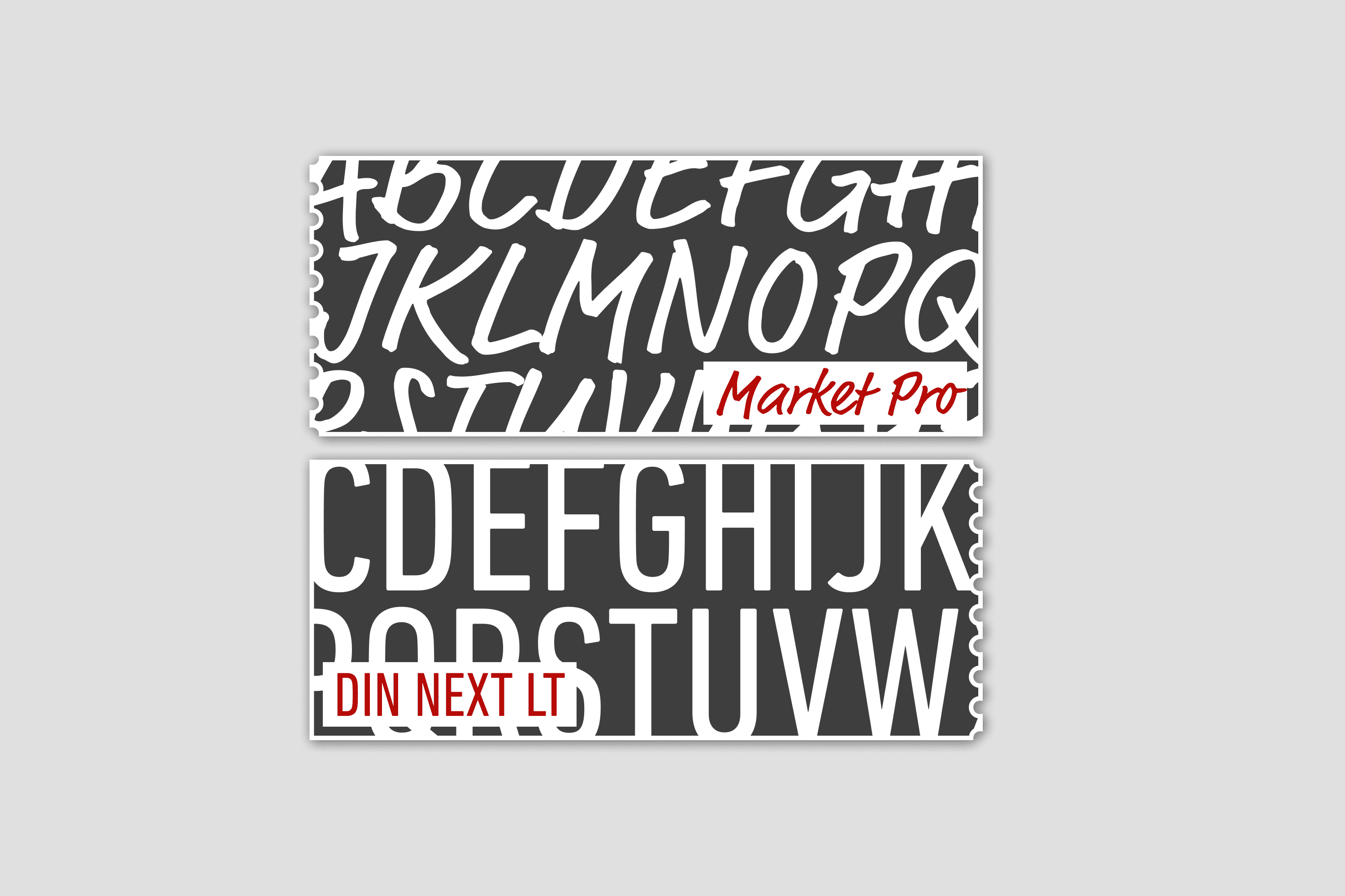 Two cards with alphabet samples: Market Pro, DIN NEXT LT