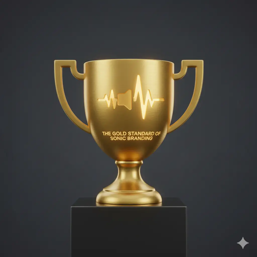 A simple, elegant gold trophy or medal. Engraved on the front is the iconic "Ta-dum" soundwave, symbolizing it as the "gold standard" of sonic branding.