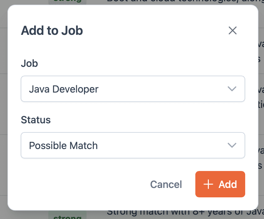 Screenshot of a 'Add to job' popup