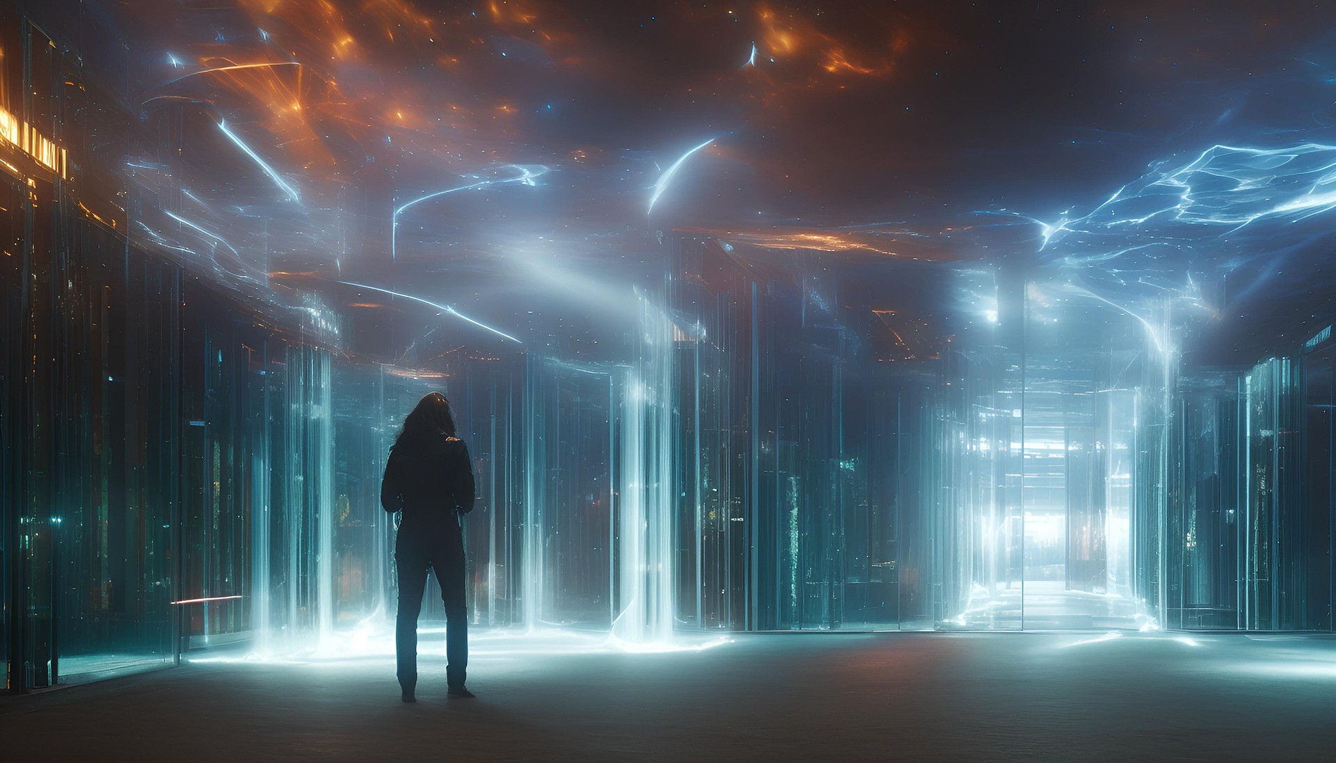 Rear view of a woman standing in a futuristic light filled digital room