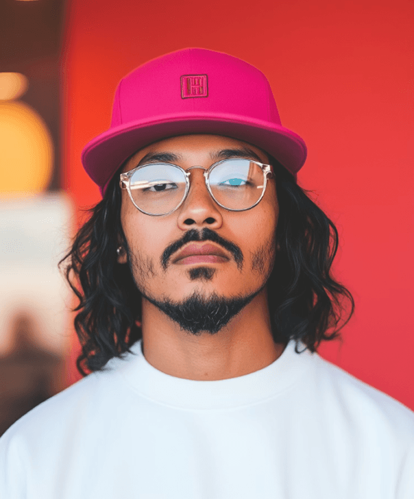 Young man in pink cap, glasses, red background.