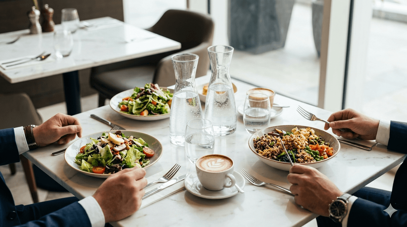 usiness lunch table at a Downtown Dubai restaurant with Burj Khalifa view — dining within 10 minutes of Oh My Desk coworking on 32nd Street.