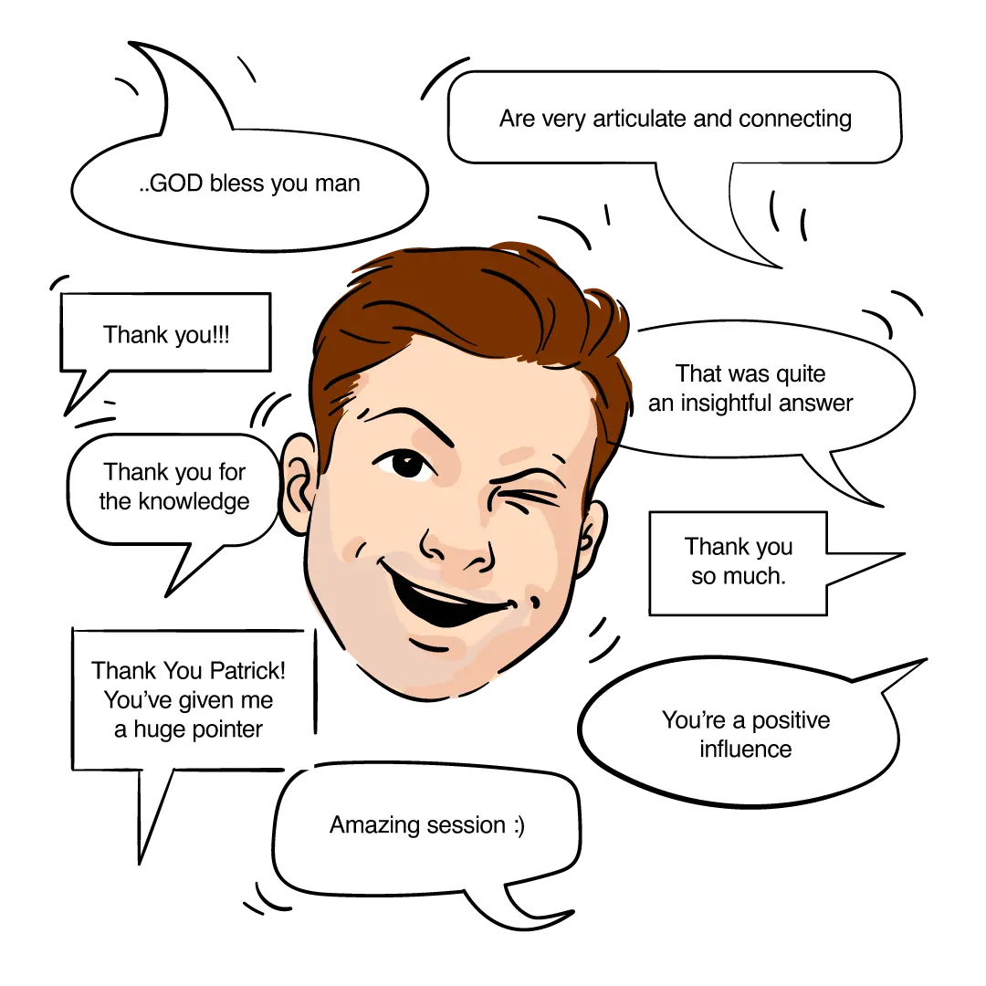 Un personaje de dibujos animados con una cara sonriente rodeado de burbujas de diálogo con varios textos.