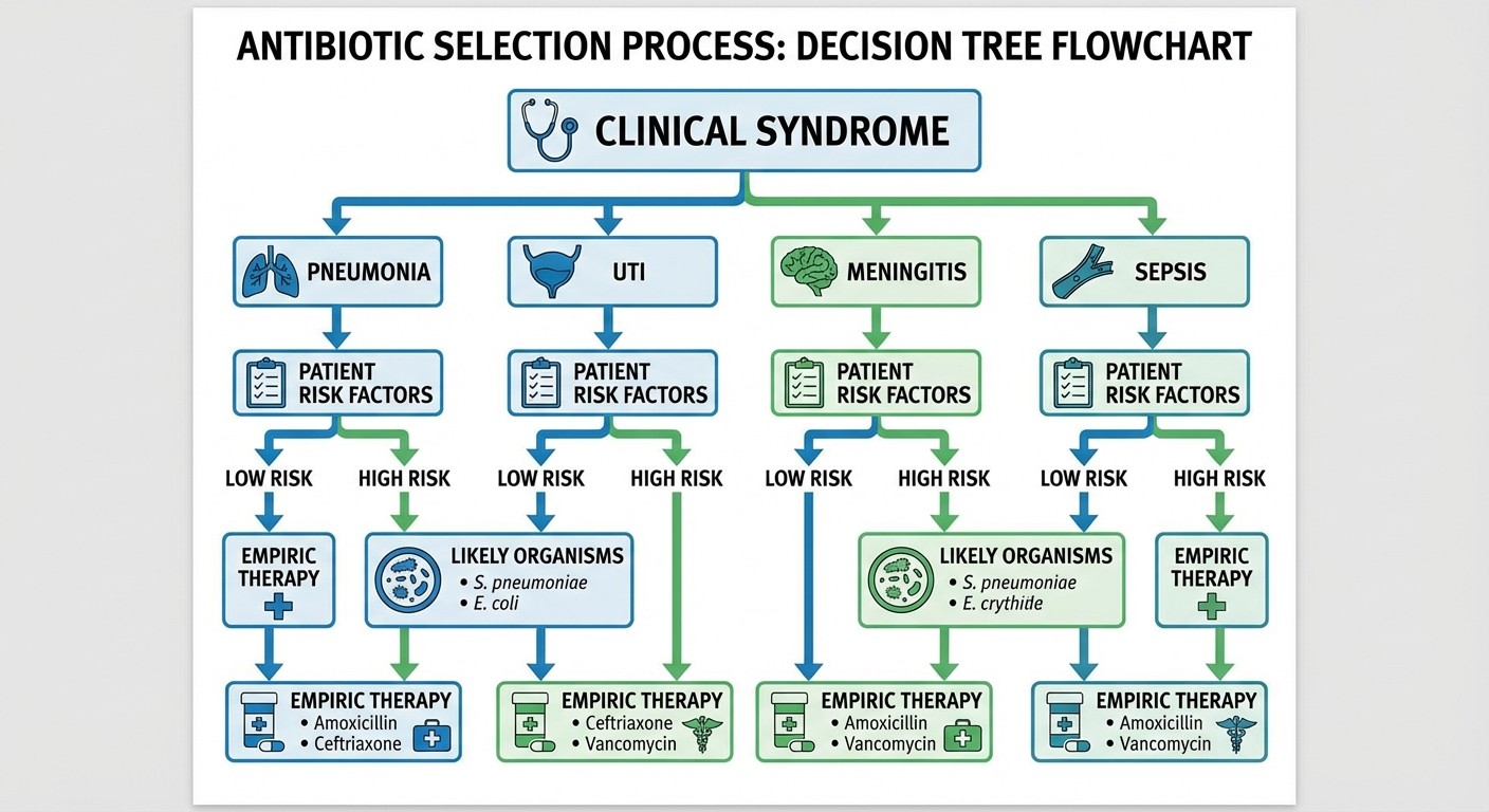 Antibiotic selection decision tree for USMLE Step 2 CK infectious disease questions