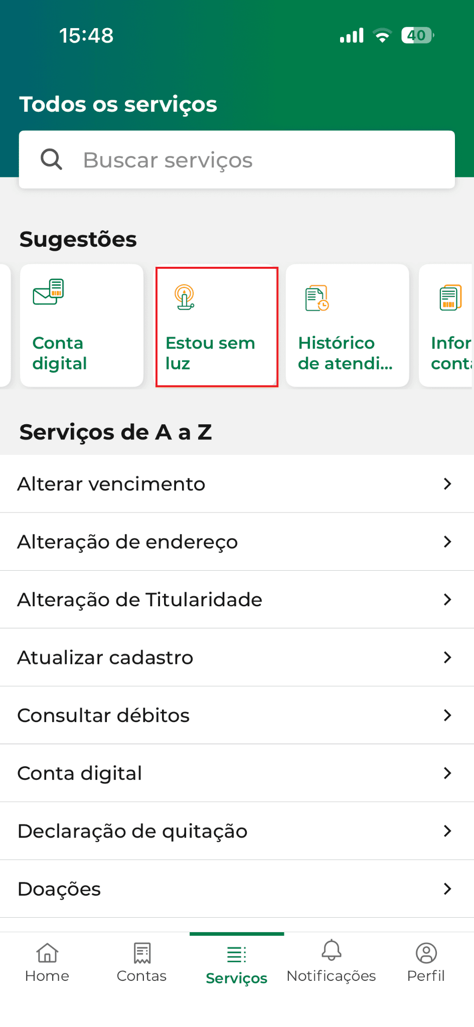 Lista de serviços no App Cemig Atende