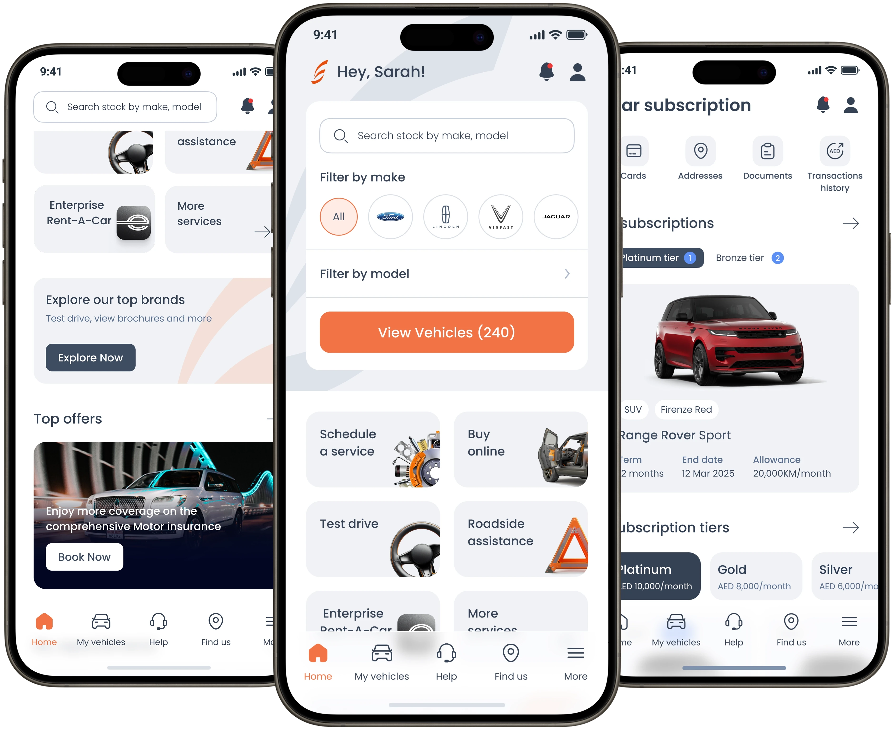 Al Tayer Motors mobile app screens showing car subscription options, vehicle listings, and dealership services