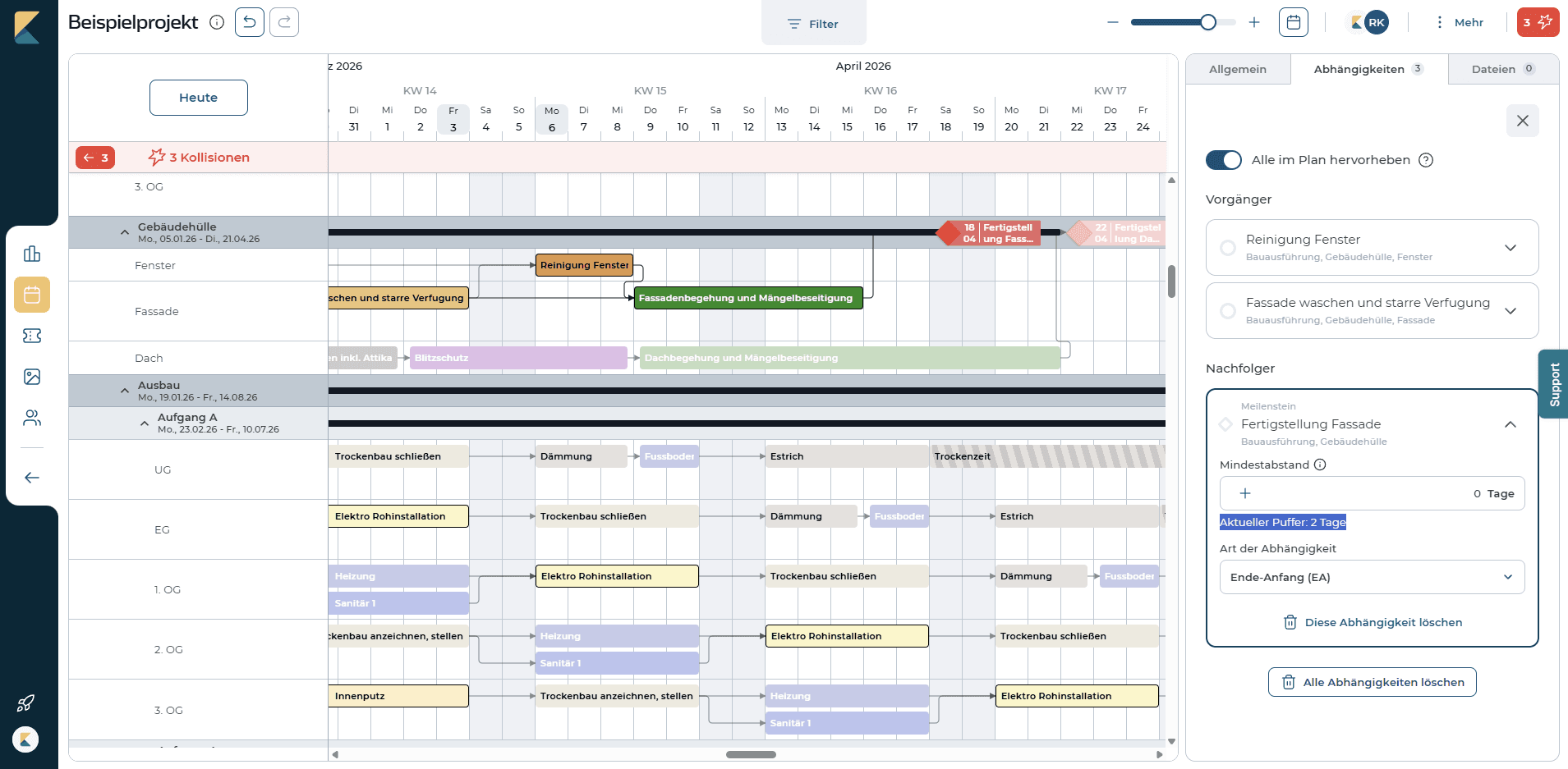 Übersicht der Pufferzeit im koppla Bauzeitenplan