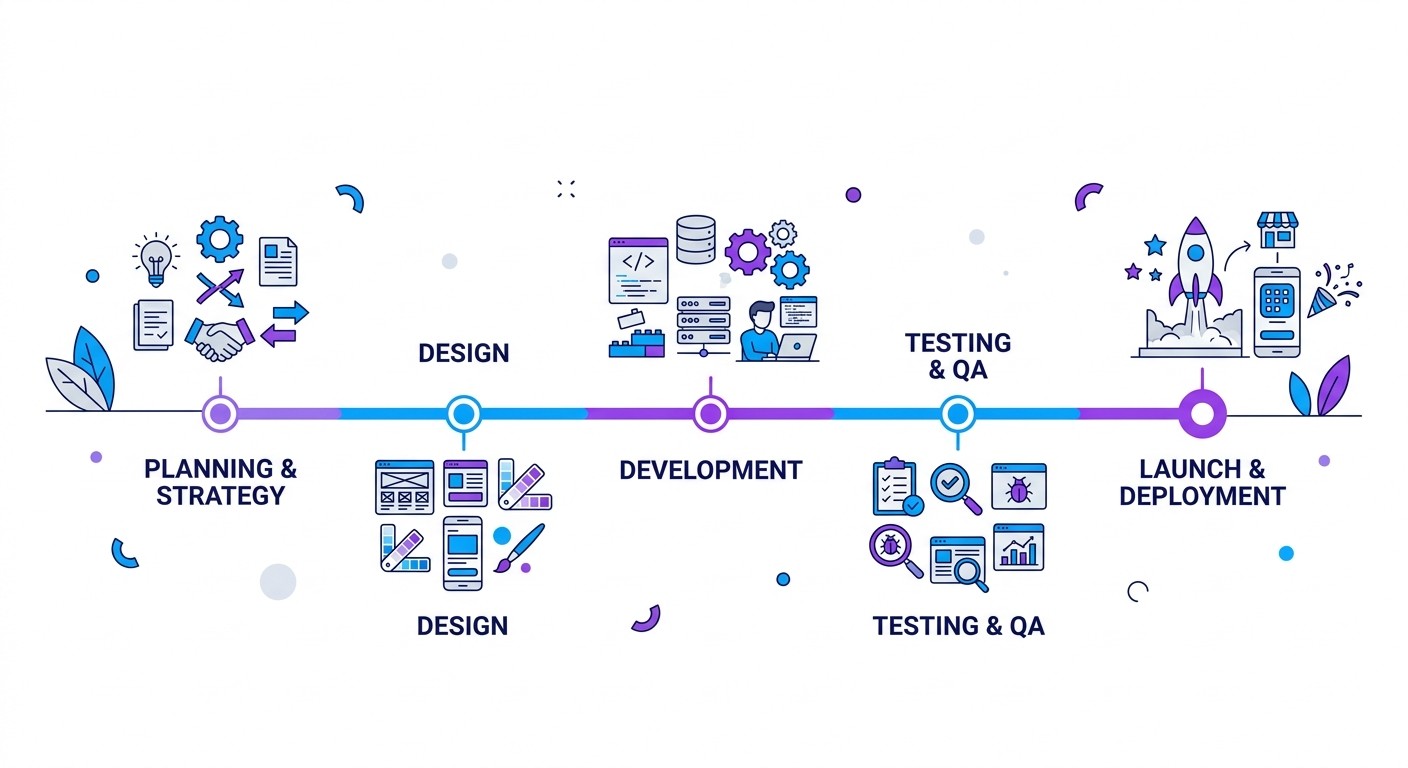 Flat illustration of an app development timeline showing milestones from planning to launch