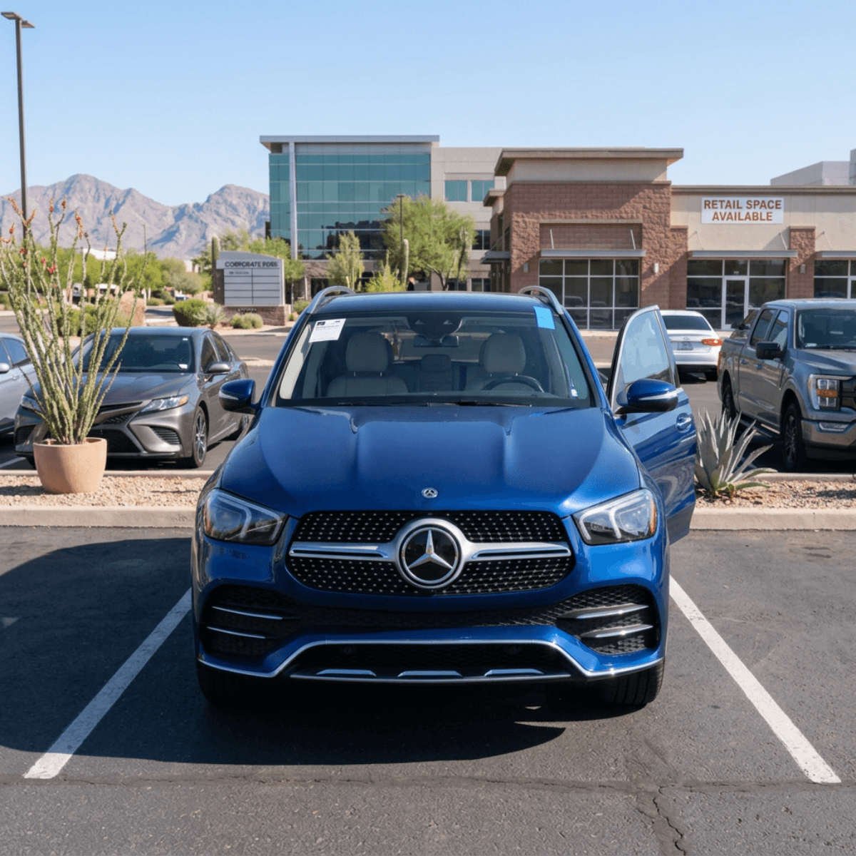 Blue Mercedes-Benz GLE coupe showcasing a flawless new windshield outside a Coolidge, AZ property