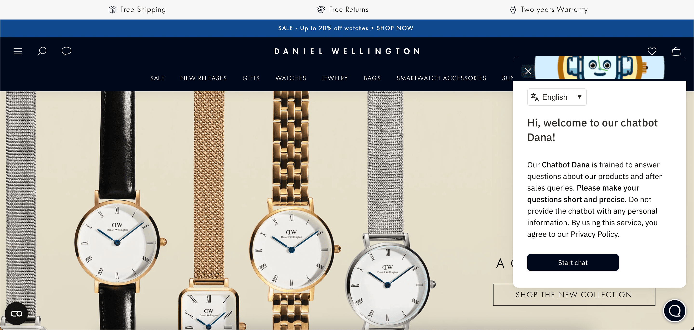 Home page of a website fo selling watches