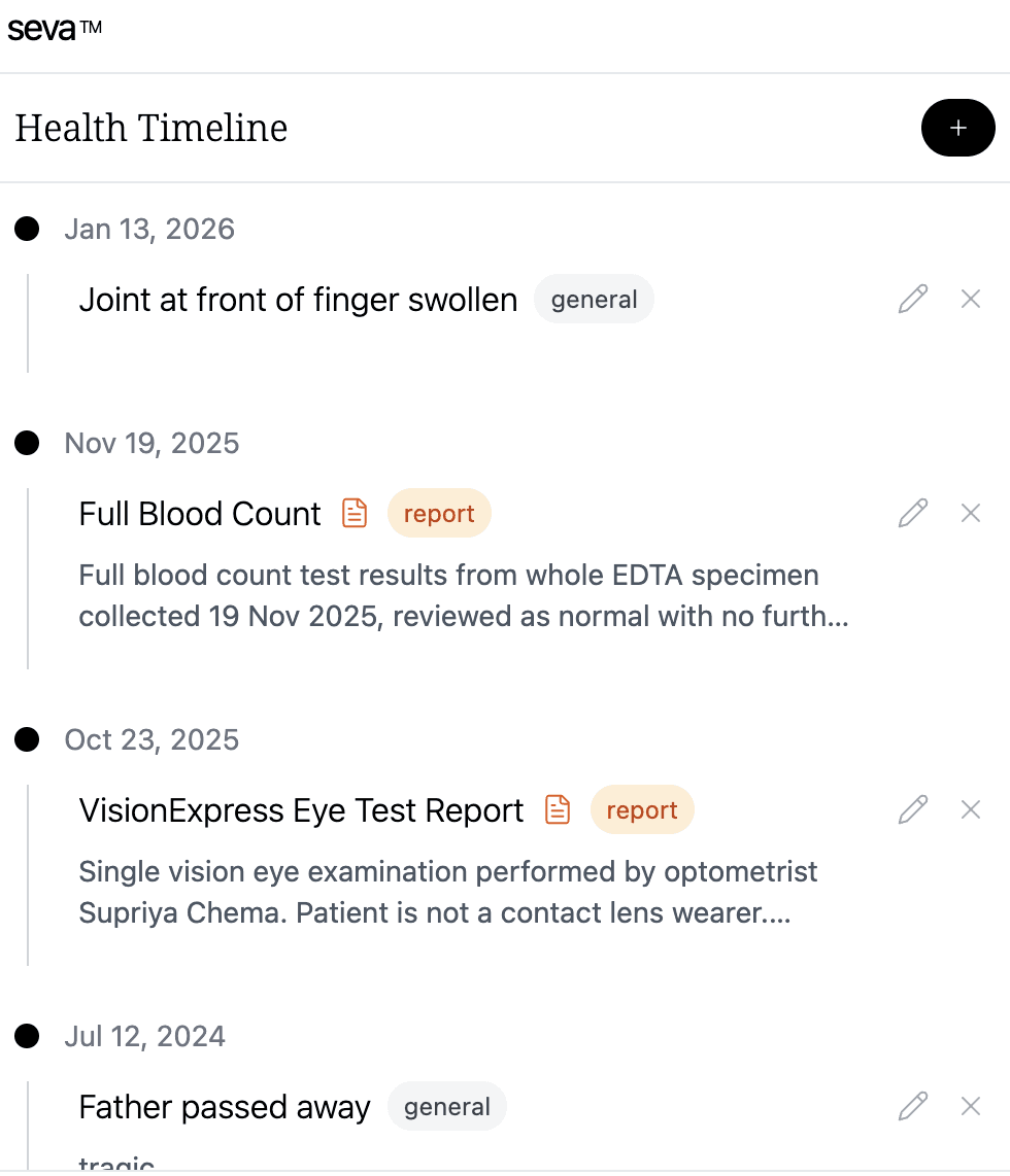 An image of Seva's health timeline feature.