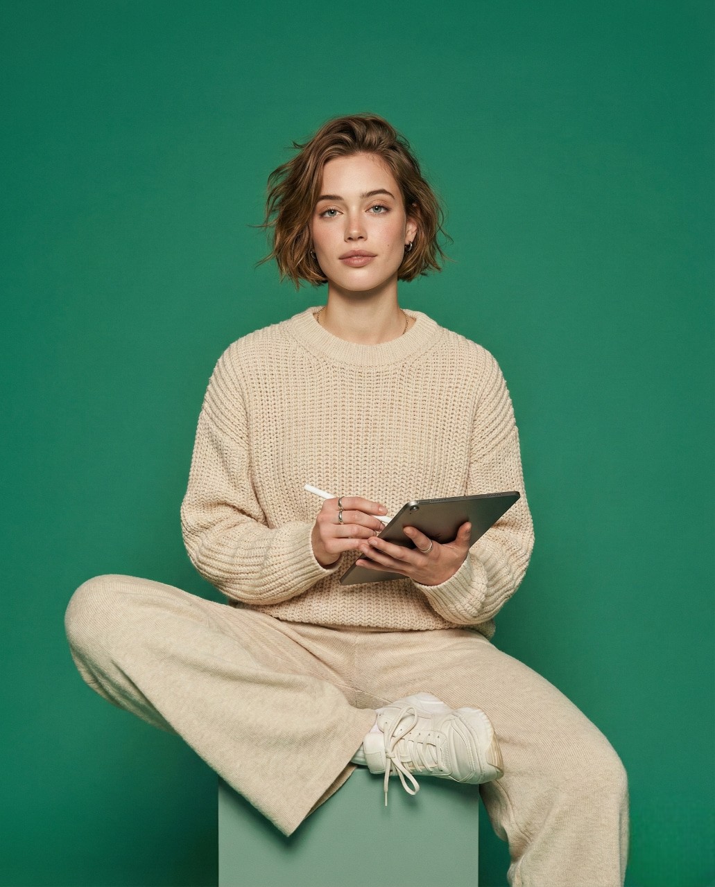 A person with short hair in a beige sweater and pants sits cross-legged on a cube against a green background, holding a tablet and stylus, looking focused.
