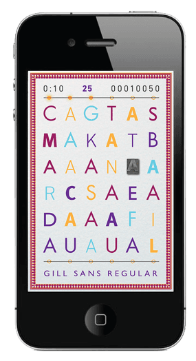A phone screen with da set of random letters with unique colors and fonts.
