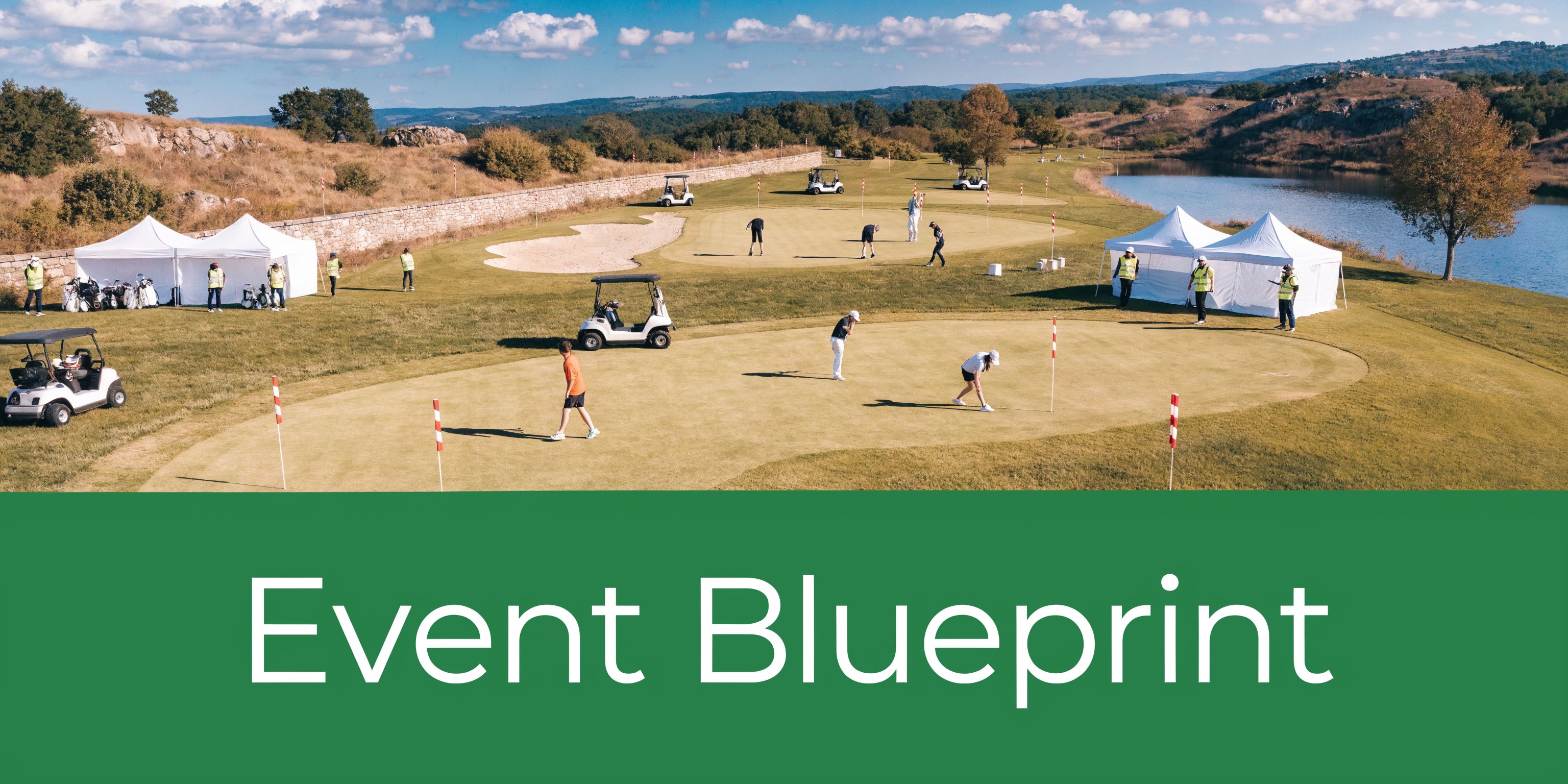 A wide aerial view of a professional junior golf event featuring tents, golf carts, and young players.