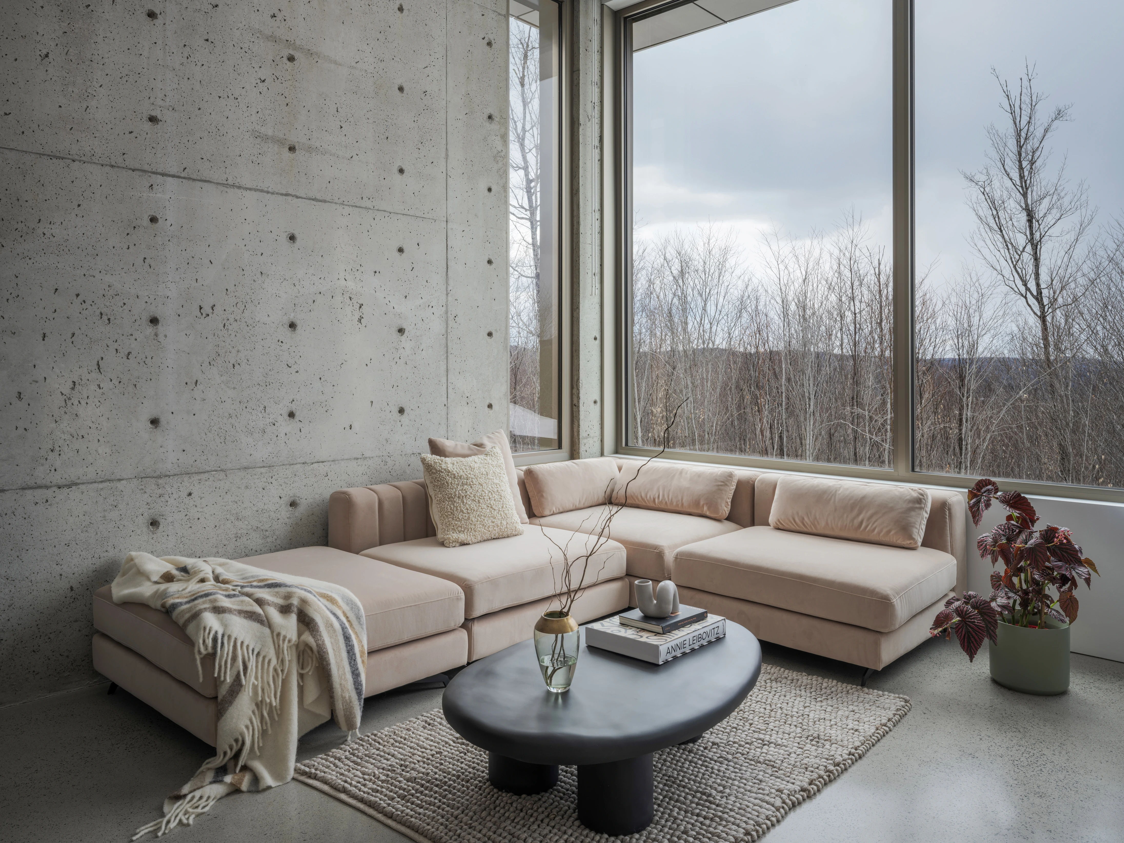 A cozy, modern living room featuring a light beige sectional sofa and a glass coffee table, with large windows.