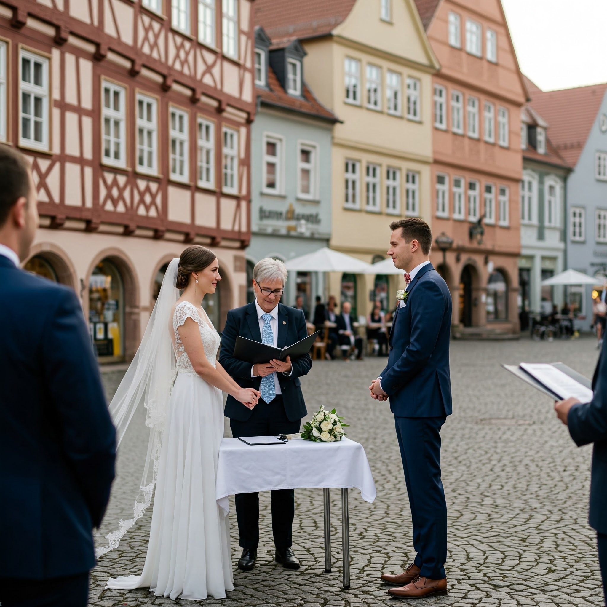 Ein Brautpaar, die Frau in einem weißen Kleid, der Mann in einem Anzug, steht vor dem Standesbeamten in einem eleganten historischen Gebäude und leistet ihre Unterschrift. Das Paar wirkt konzentriert und feierlich. Im Hintergrund sind weitere Personen zu sehen, vermutlich Trauzeugen und Familienmitglieder.