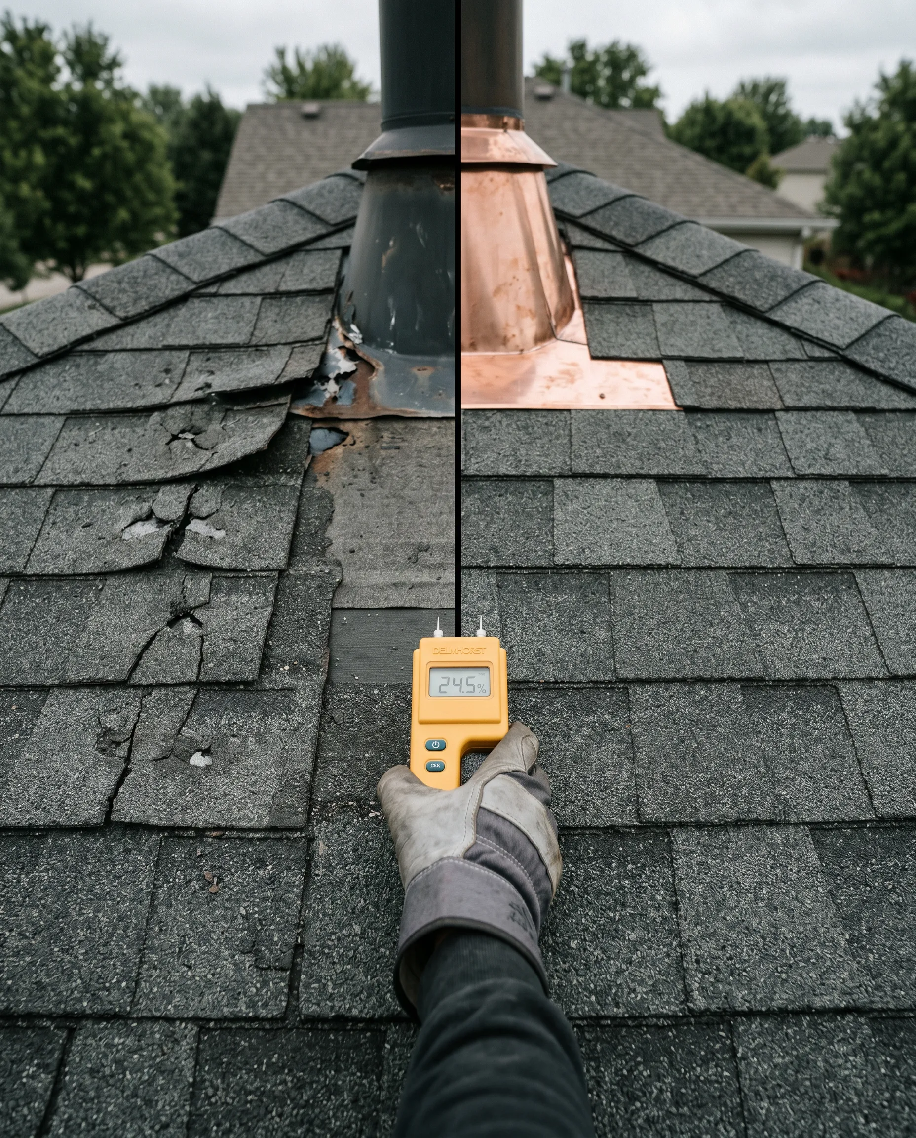 Split image: Damaged roof with 24.5% moisture and newly repaired roof.