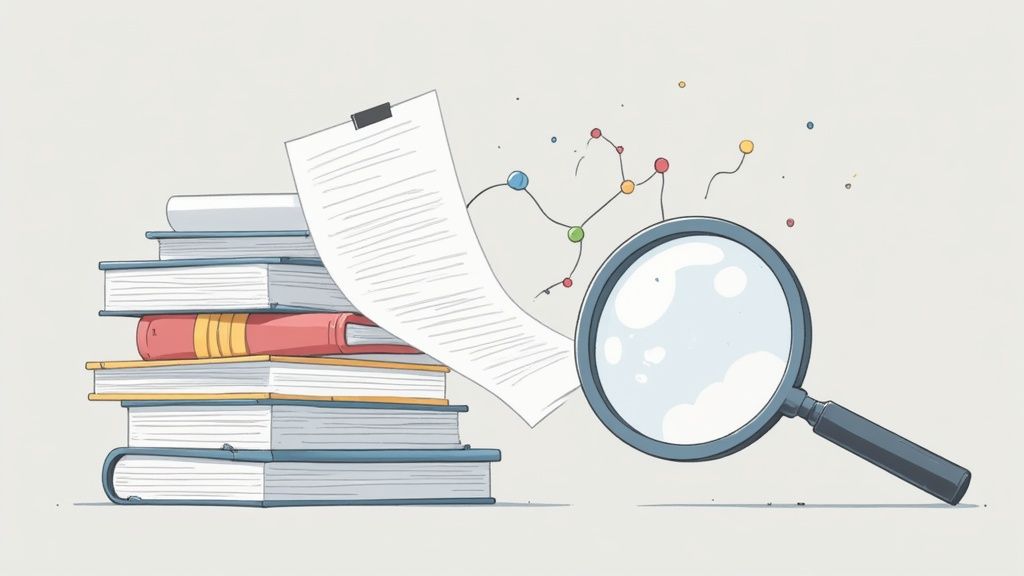 Illustration of books, a document, a magnifying glass, and connected data points, symbolizing research and knowledge.
