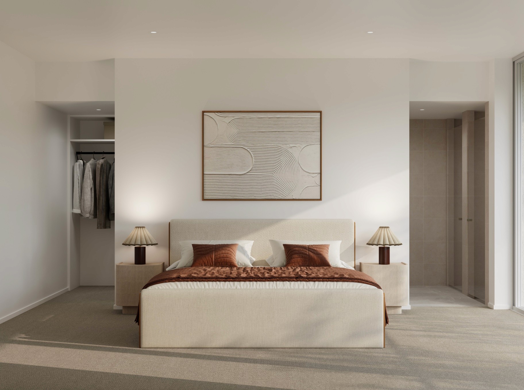 Luxury master bedroom with soft neutral finishes, ensuite access, and minimalist coastal design in a Scarborough townhouse