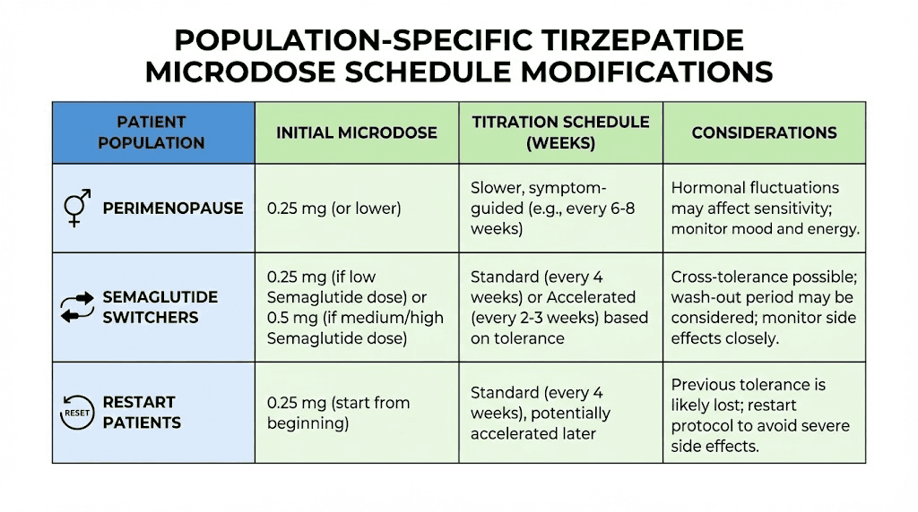 Microdose tirzepatide schedule modifications for specific populations