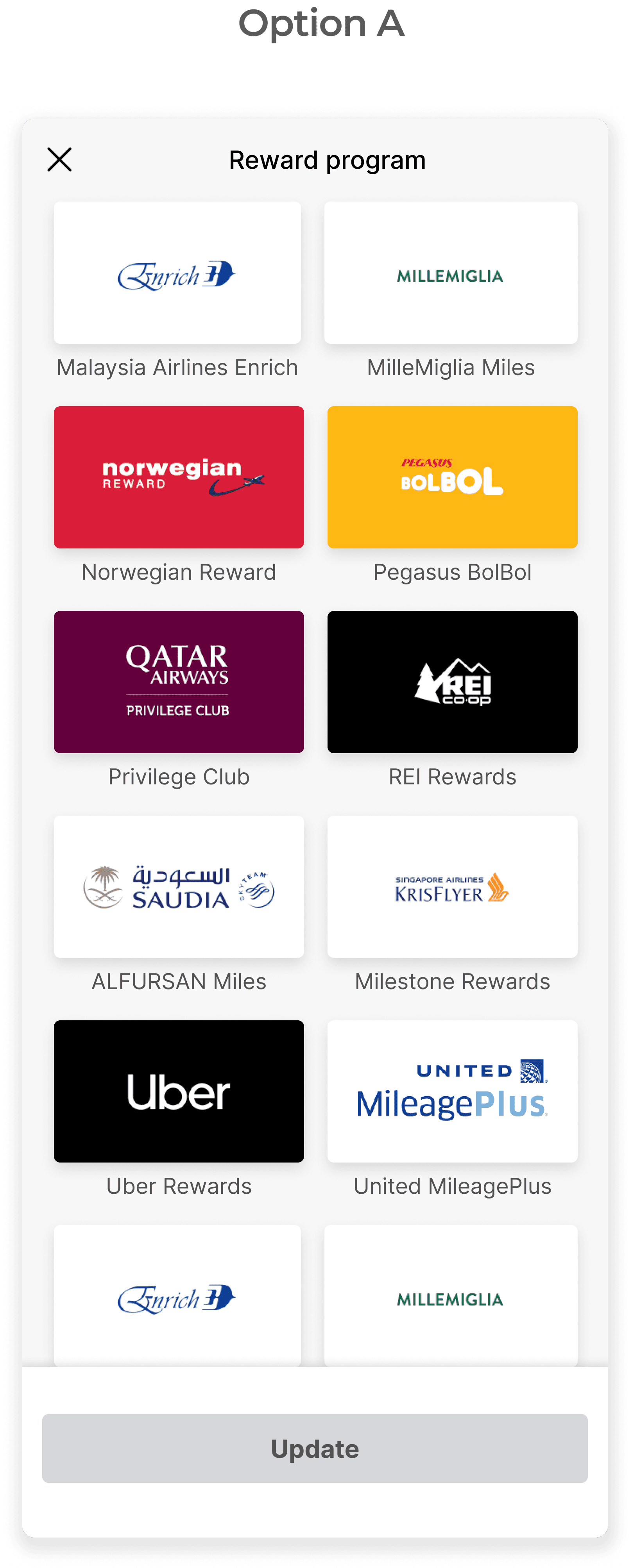 An image of a mobile sheet, contaning 2 columns of branded tiles of available rewards programs.