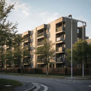 Ein modernes Mehrfamilienhaus in gepflegter Wohngegend bei sanftem Nachmittagslicht, realistische Architekturfotografie, dokumentarischer Stil, keine Personen sichtbar.