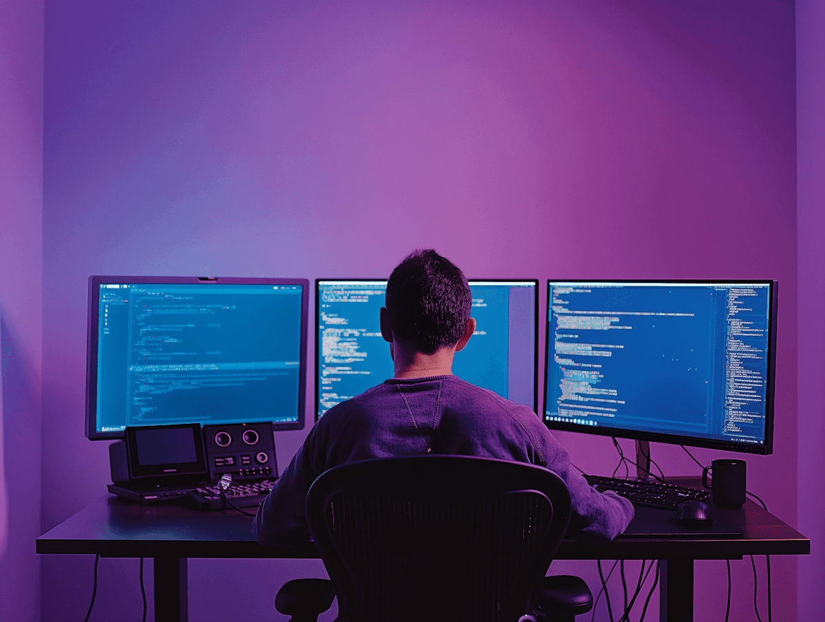 Programmer working late on three screens displaying code in a purple-lit environment.