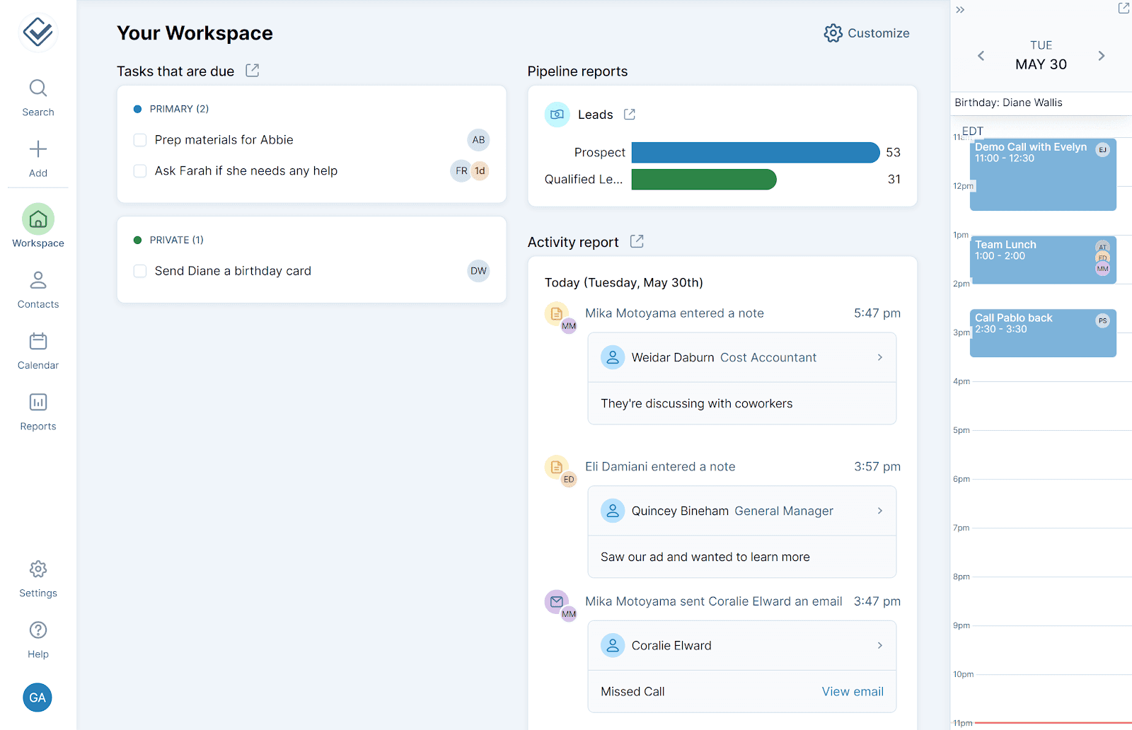 Less AnnoyingCRM’s interface with contact info panel opened