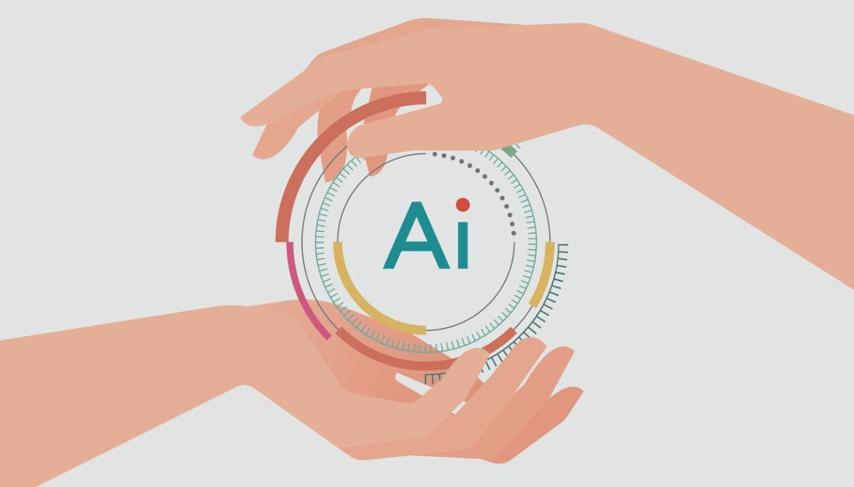 Illustration of two hands forming a circle around a digital interface labeled "AI," surrounded by colorful data elements.