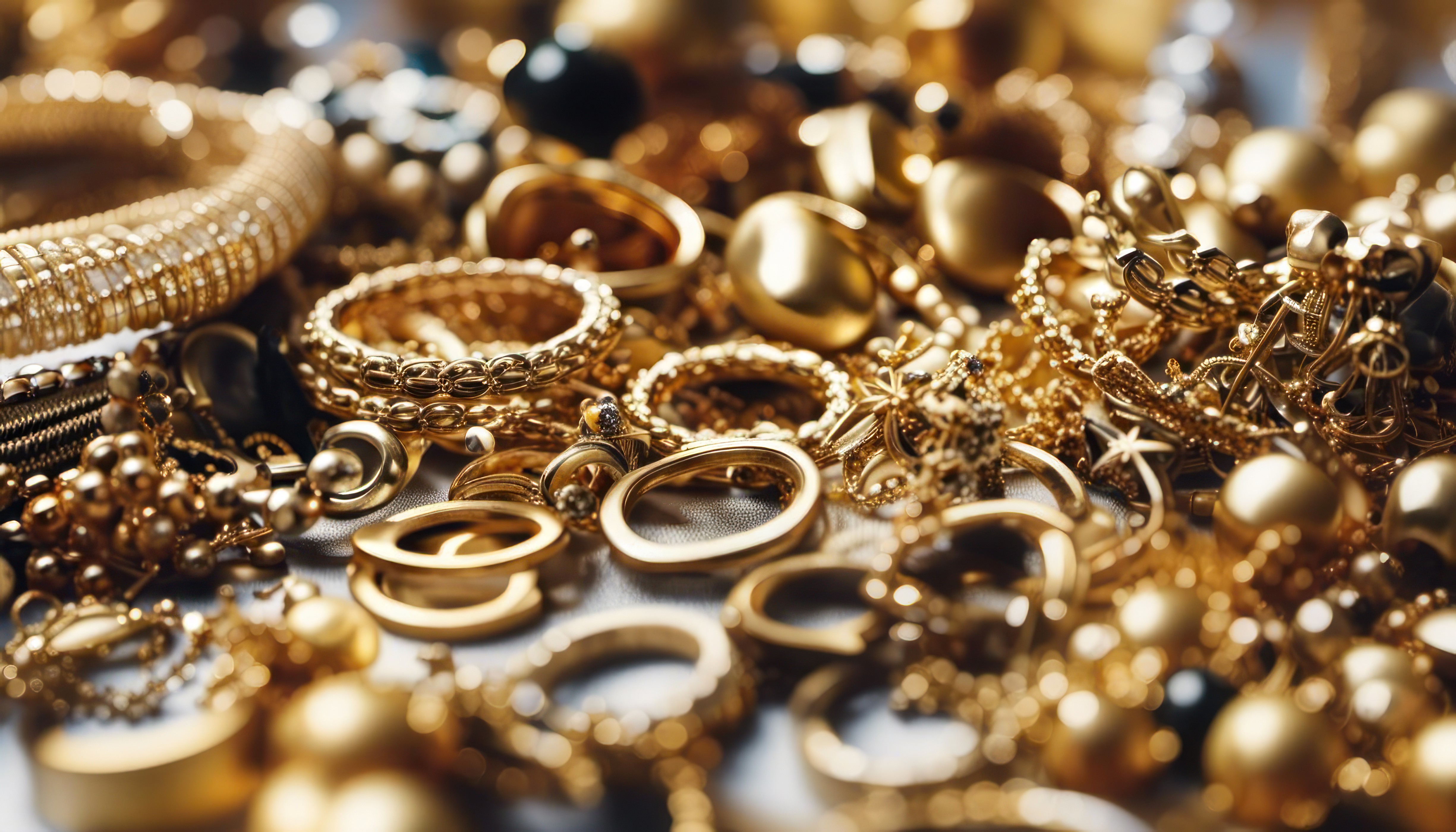 Assorted gold jewelry and scrap metal ready for industrial refining.