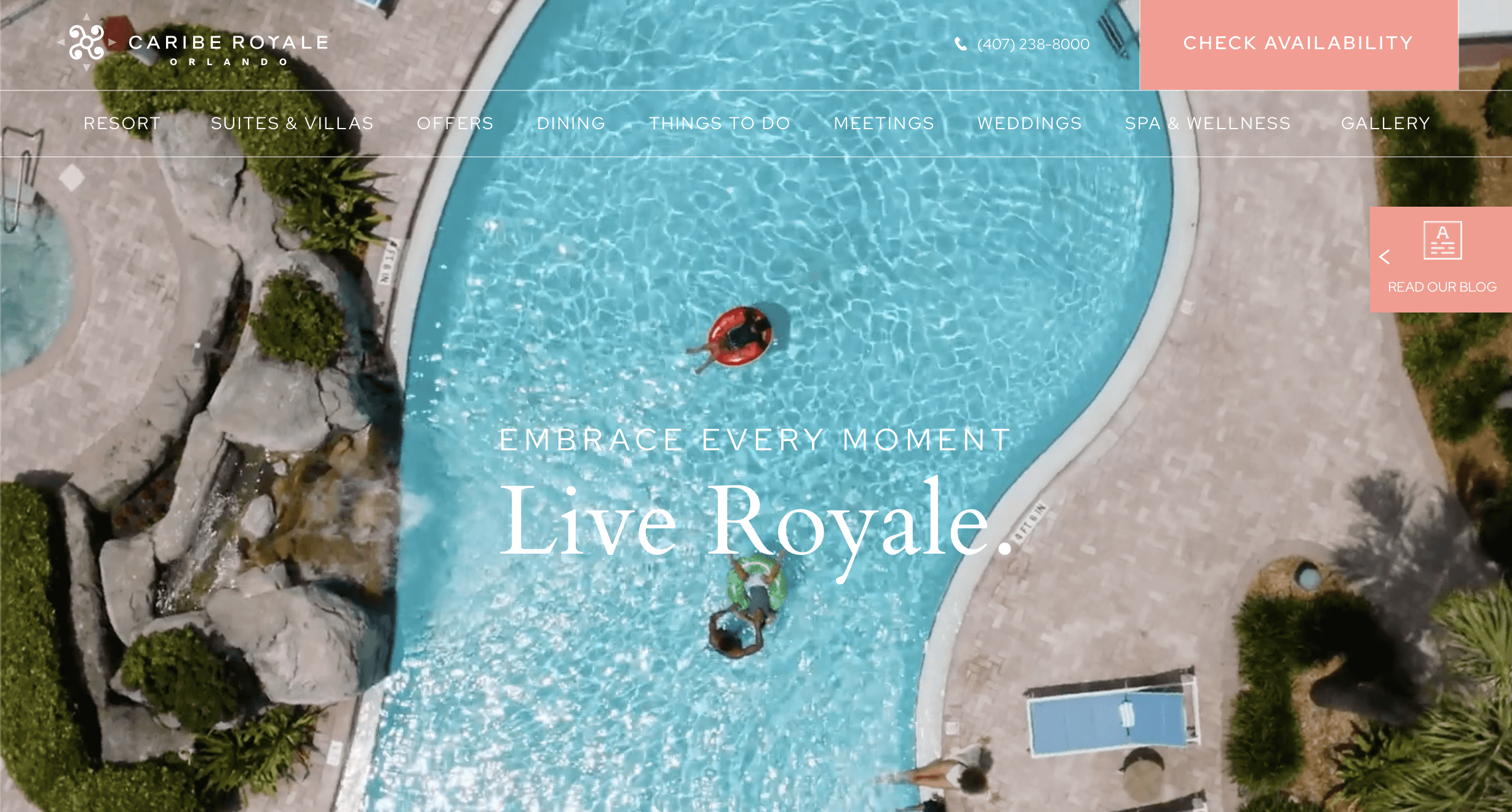 The homepage of the Caribe Royale website shows a large pool with trees and a person floating in the water with text overlaying.