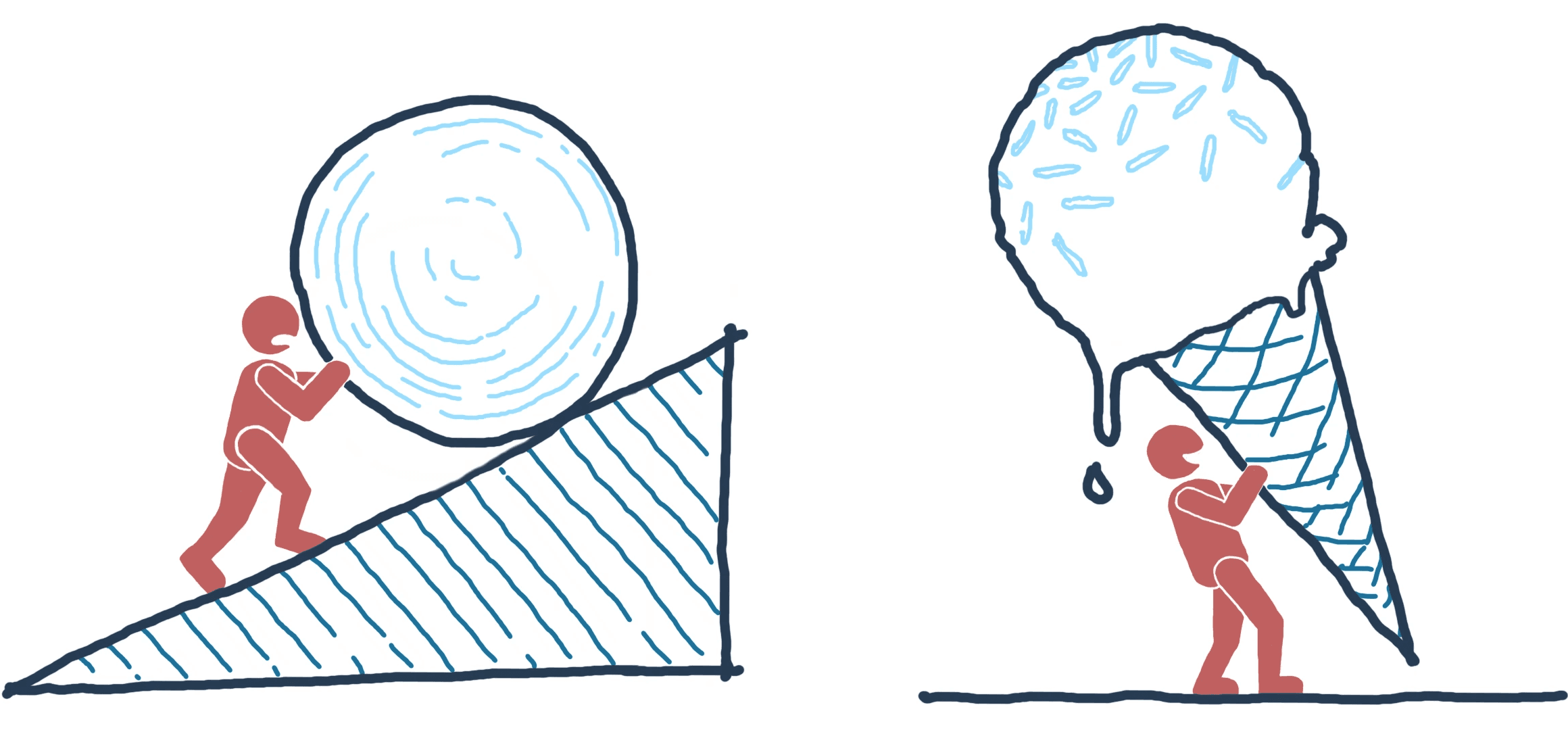 Sketch of Man Pushing Ball Uphill & Man Carrying Ice Cream Cone