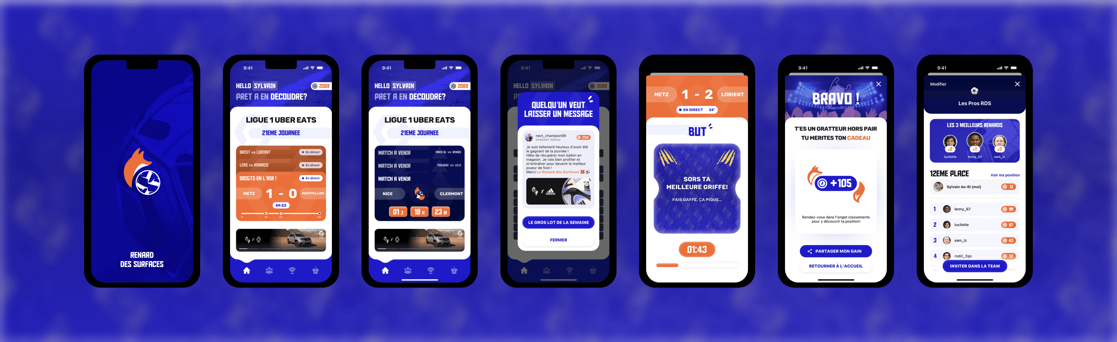 Série de sept captures d’écran de l'application mobile de football appelée “Renard des Surfaces”.