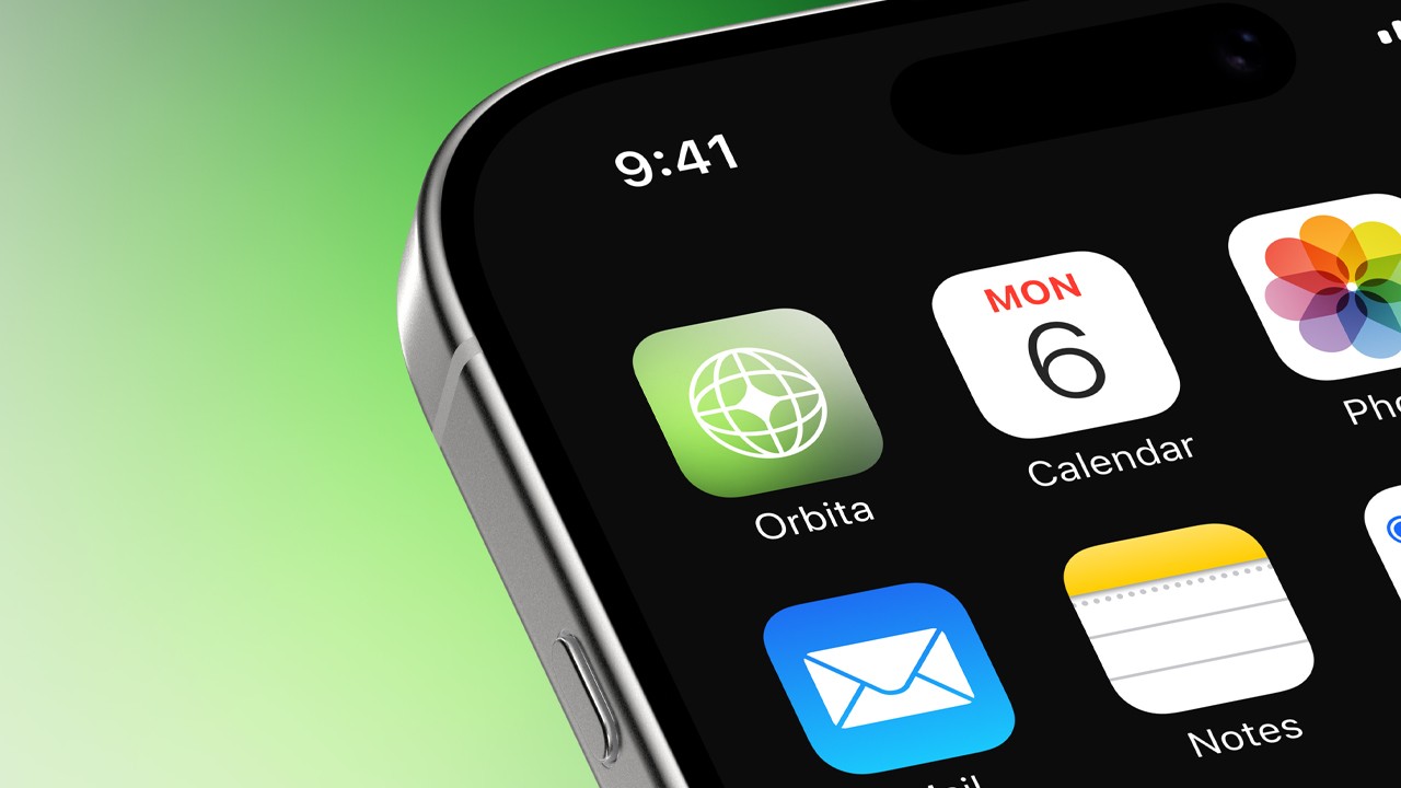 Close-up of a black smartphone’s top-left corner showing the Orbita app icon—a rounded square with the white globe grid on a green gradient—beside the Calendar and Mail icons, time reading 9:41.