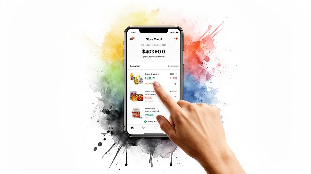 A hand interacts with a smartphone displaying a shopping cart and store credit on a colorful background.