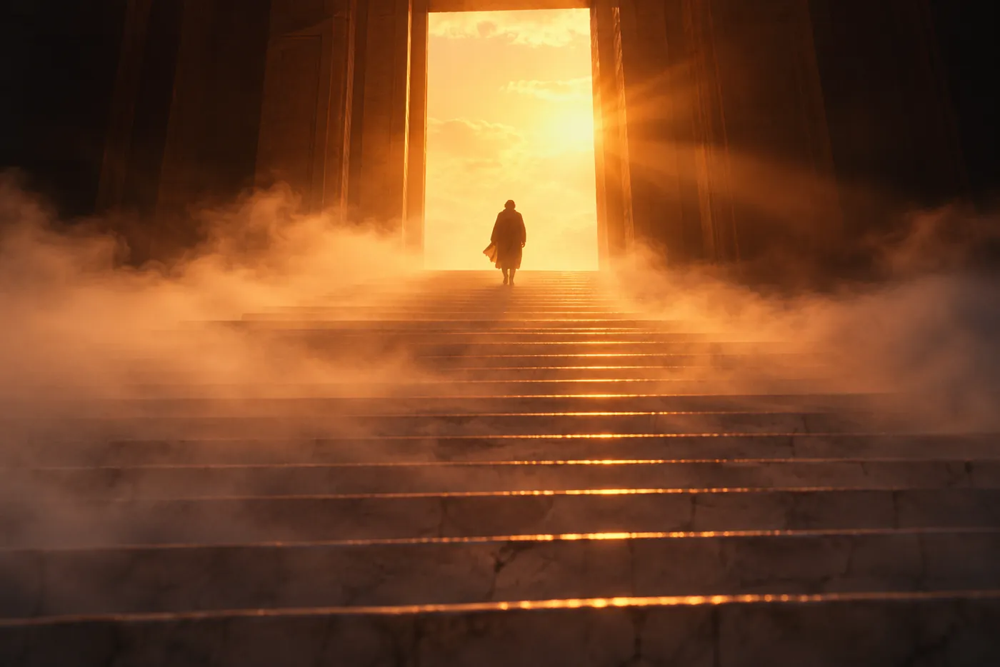 Warm golden light streaming through dark curtains into a quiet, softly lit room