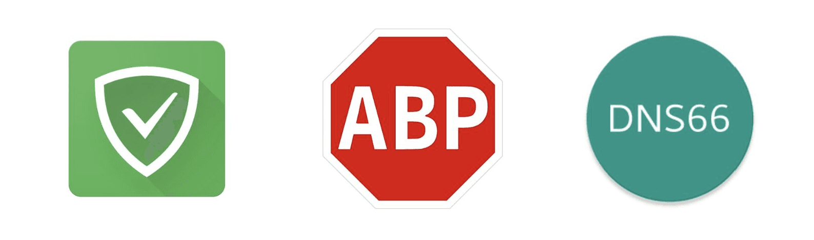 The logo of AdGuard, Adblock Plus, DNS66
