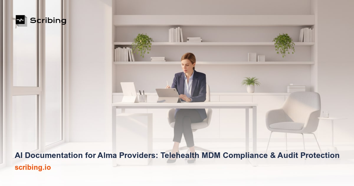 AI-powered clinical documentation tool displaying structured telehealth notes for Alma mental health providers ensuring MDM compliance