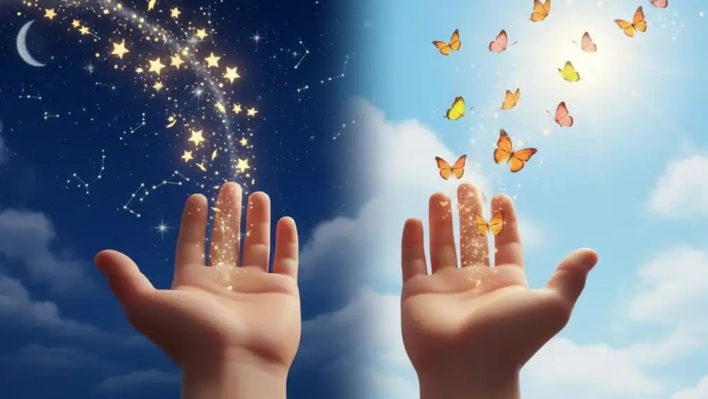 Scene 6: two open hands reaching up, one toward stars and one toward butterflies