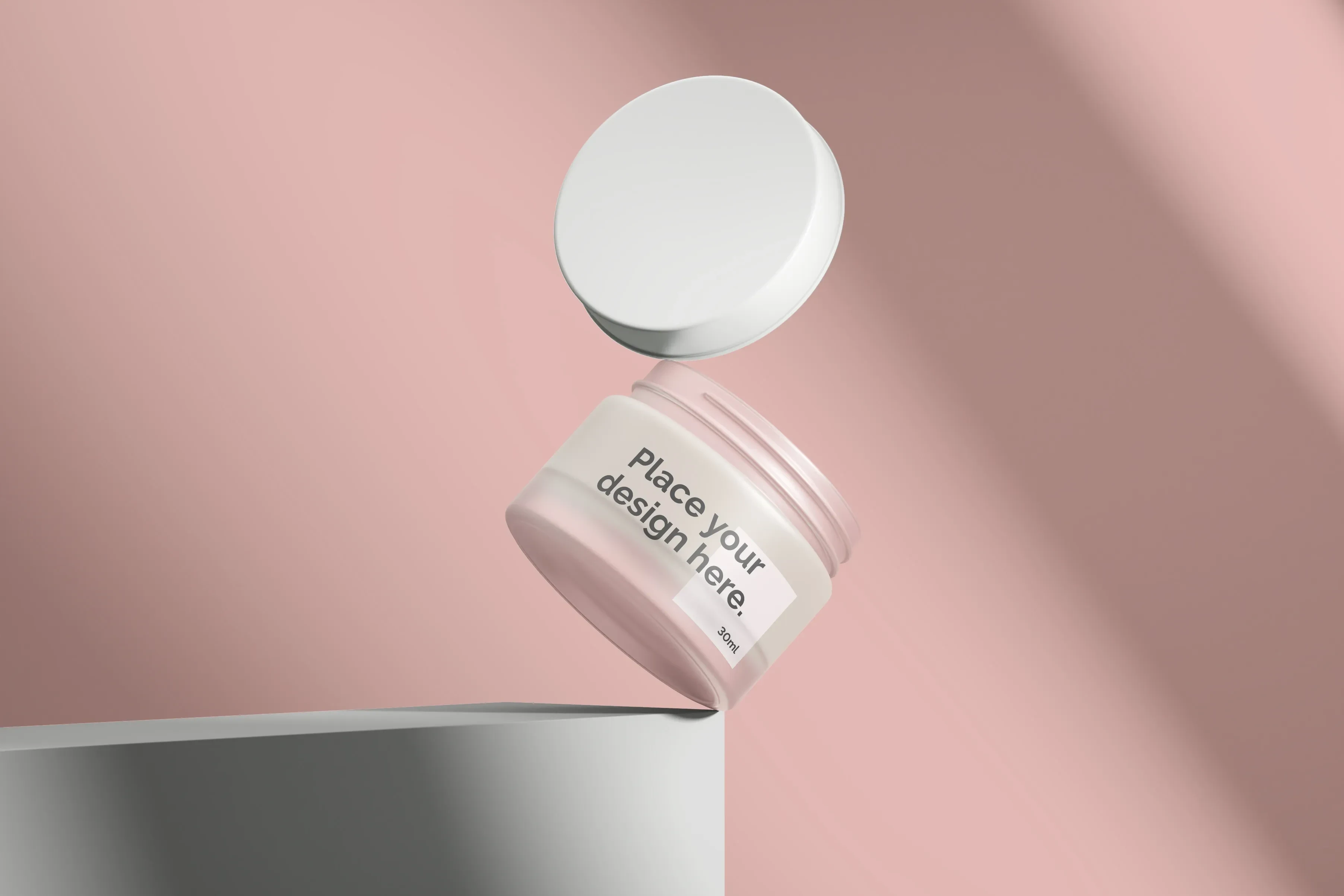 Minimalist cosmetic jar mockup featuring a translucent pink 30ml container with a white lid floating above it. Displayed on a soft pink background with subtle shadows.