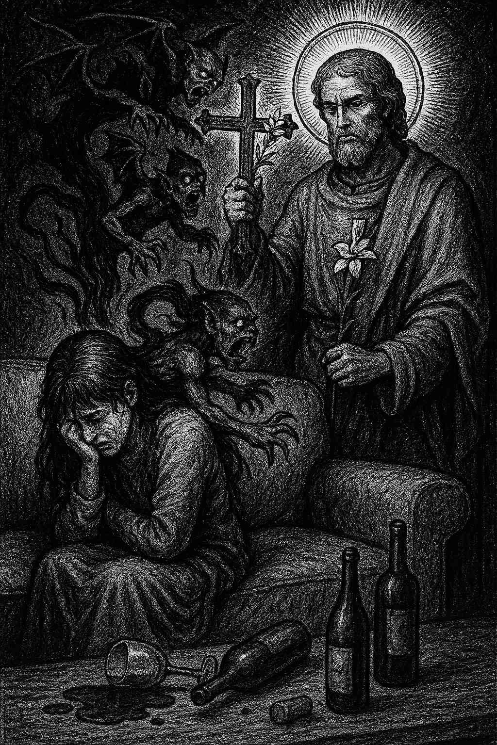 Saint Joseph casting out demons from a woman weeping on her couch unable to bury her emotions in multiple empty wine bottles